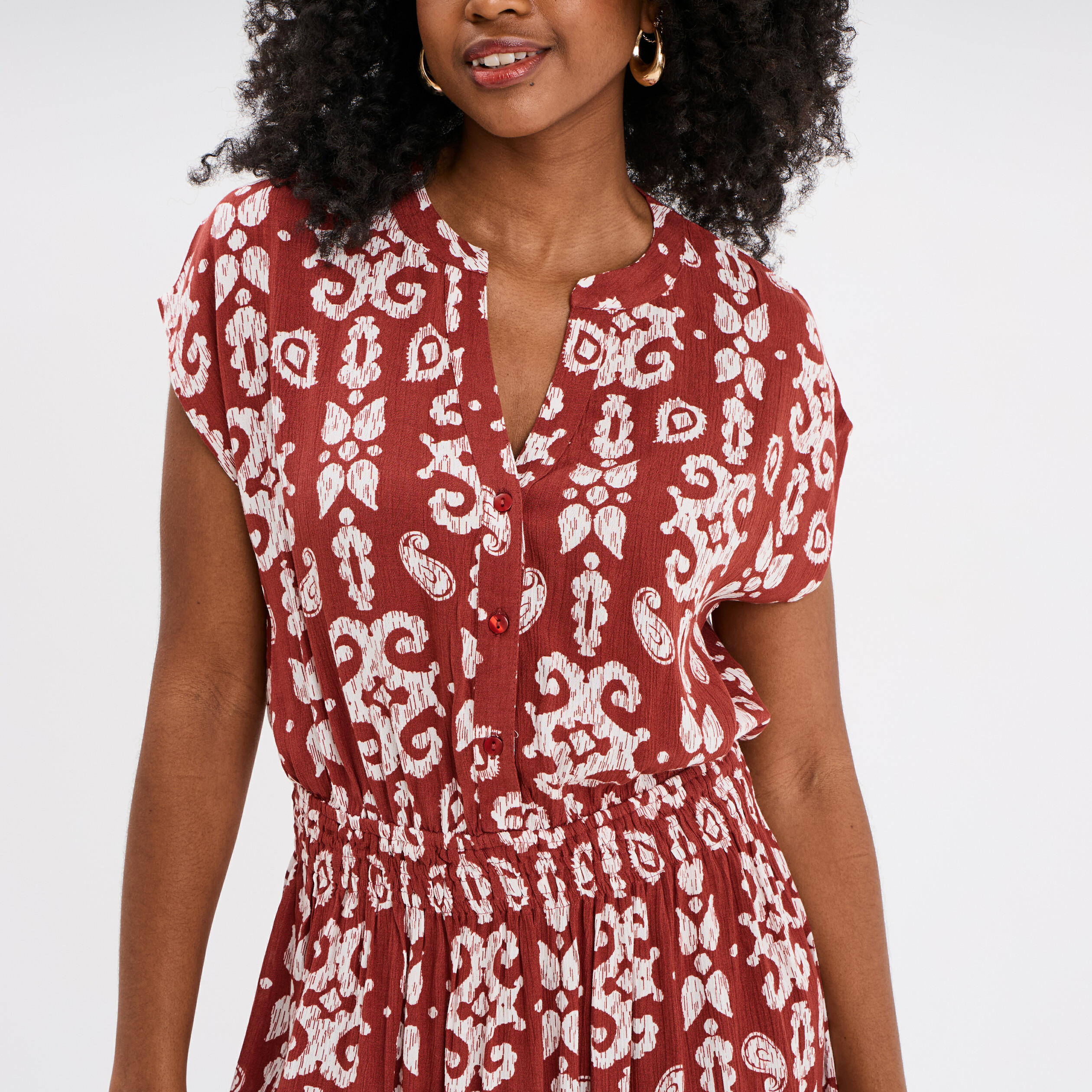 robe midi crepon col tunisien terracotta femme Robe midi crépon col tunisien terracotta femme