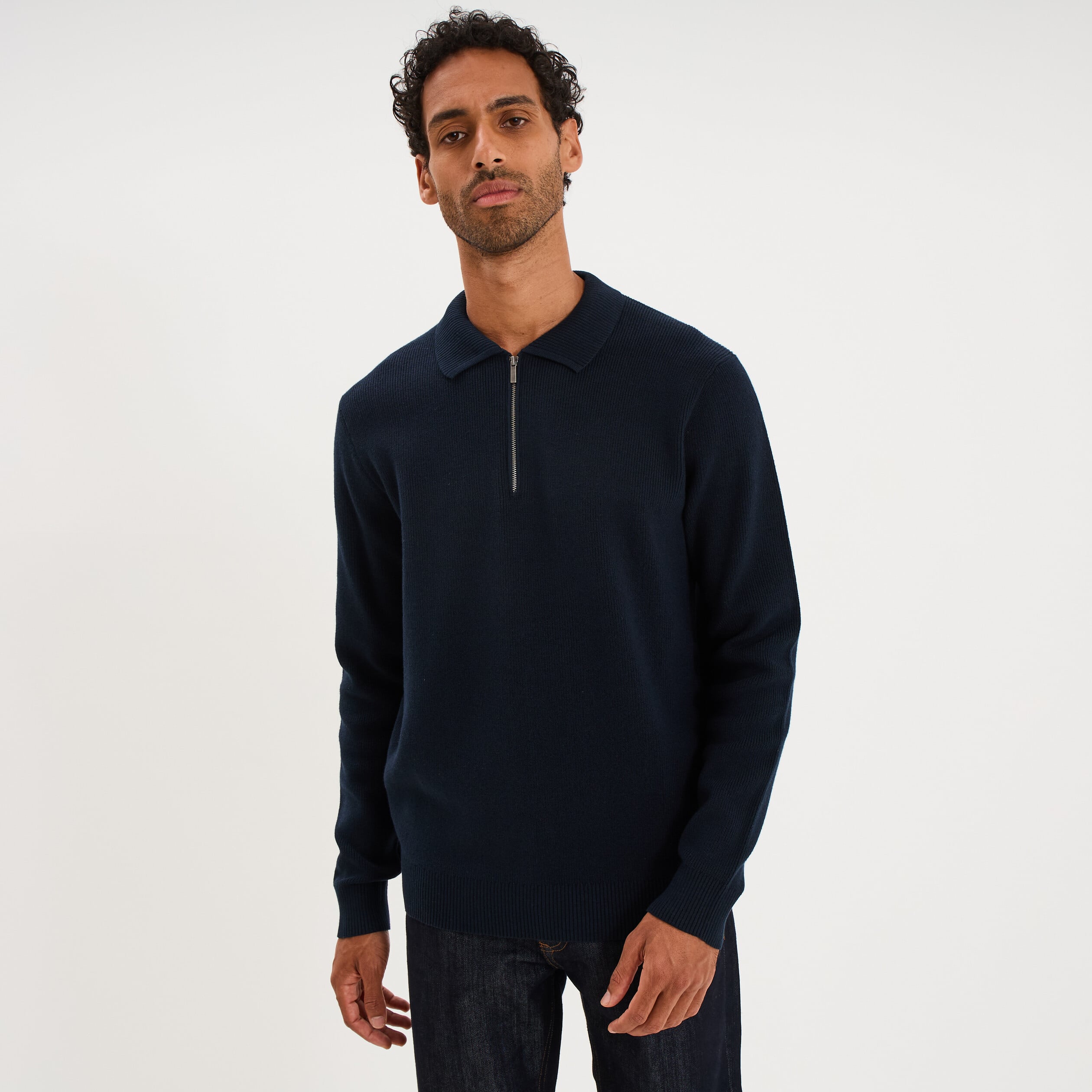 Pull col polo zipp&eacute; manches longues bleu marine homme