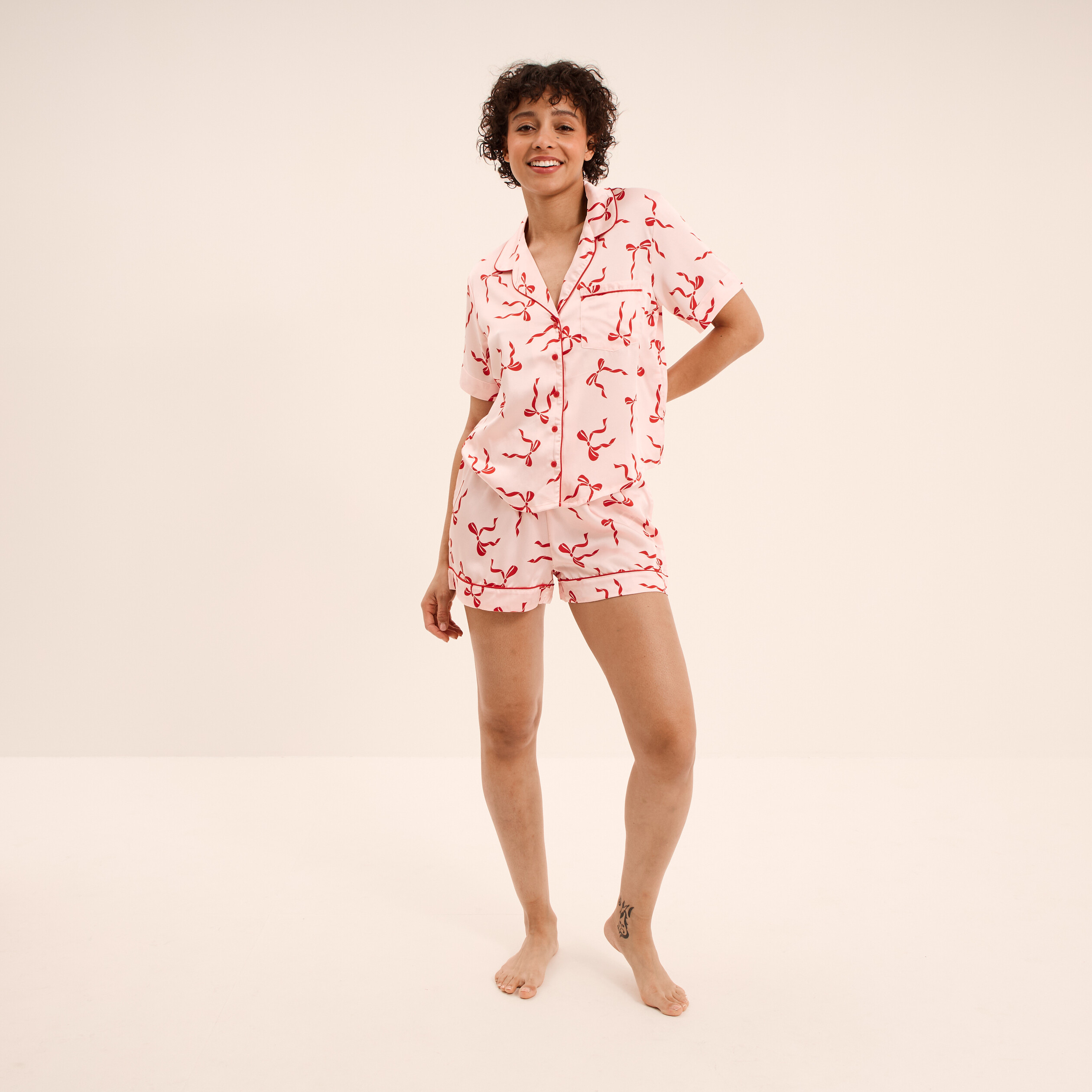 Ensemble pyjama short soyeux 2 pi&egrave;ces rose femme