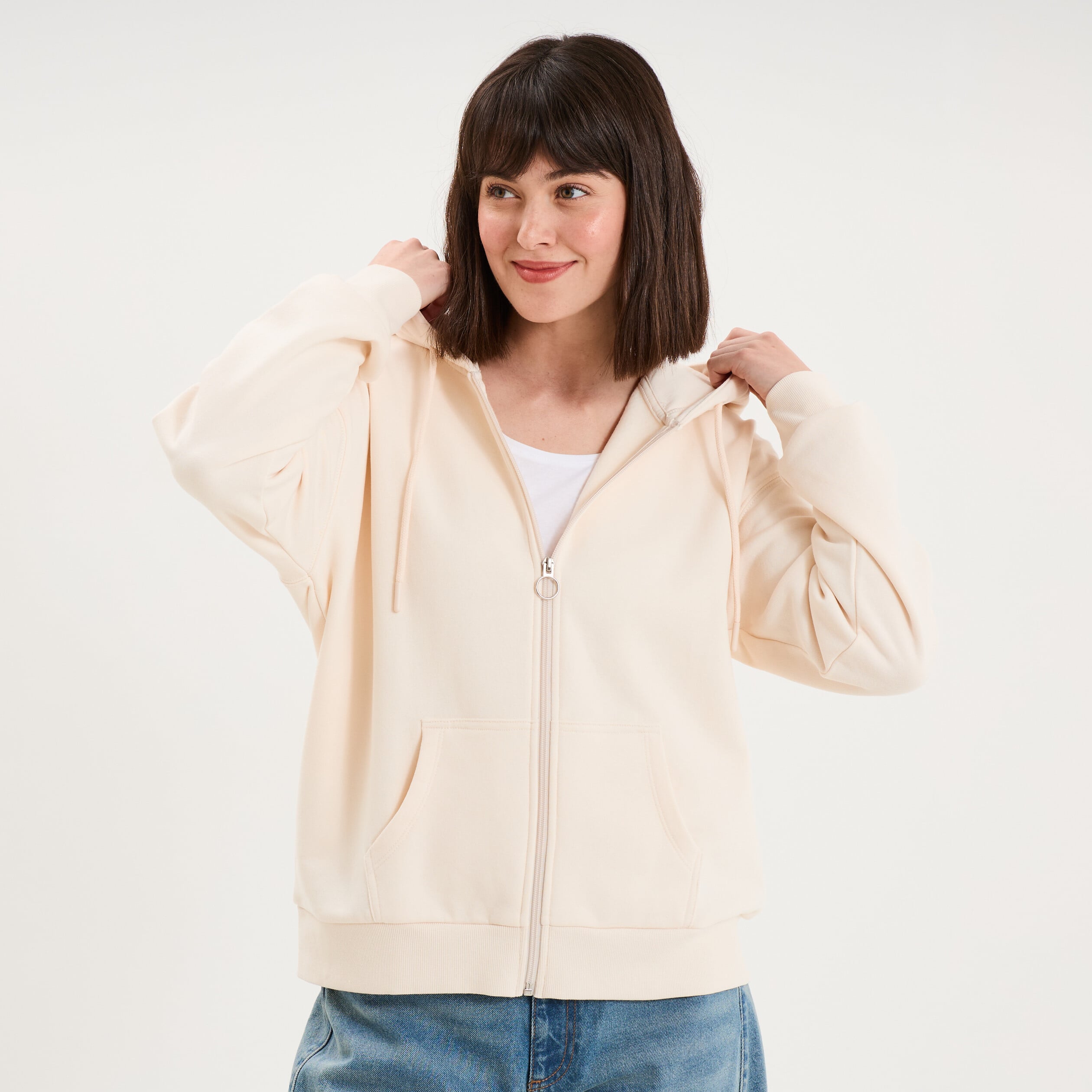 Sweat zipp&eacute; &agrave; capuche beige femme