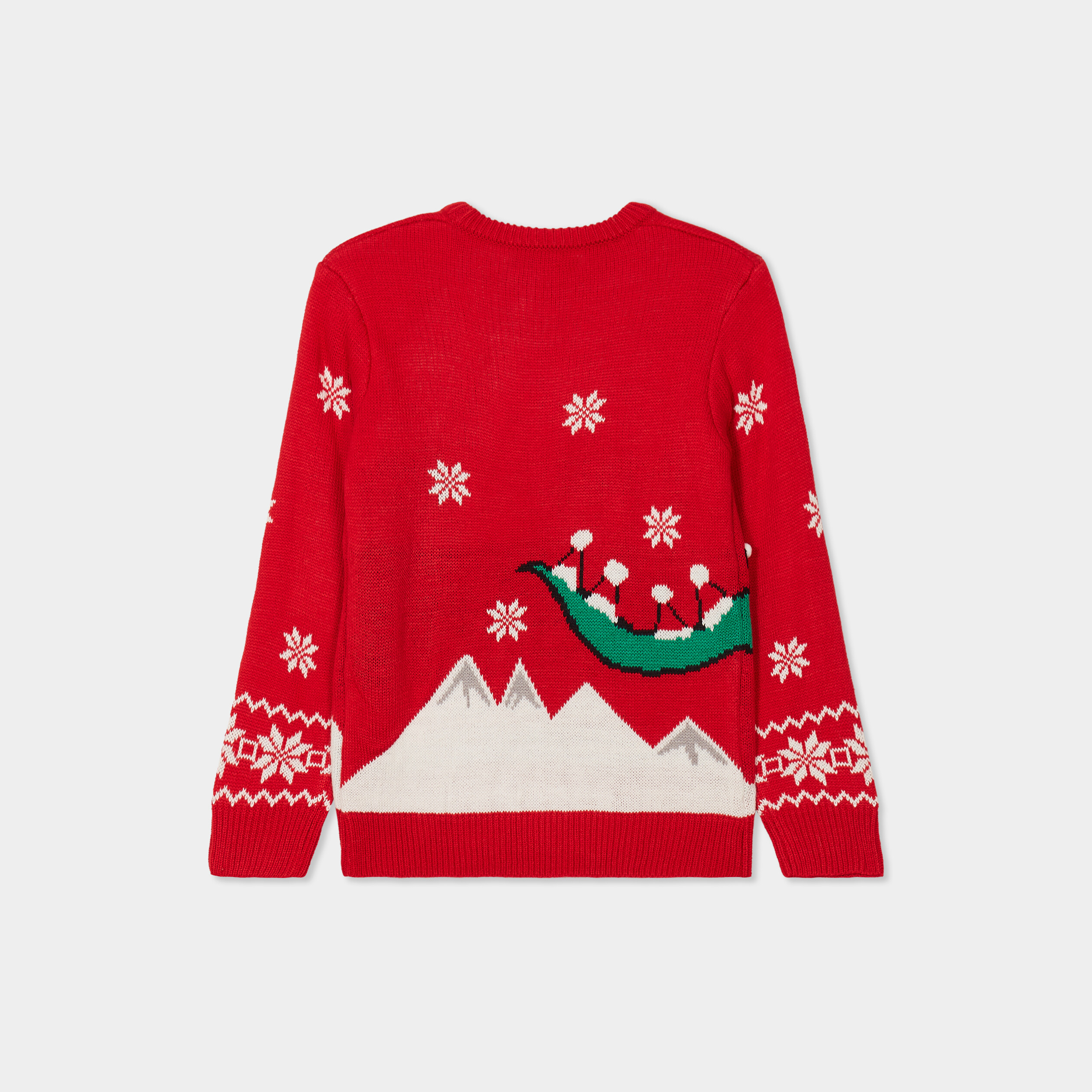 Pull No&euml;l col rond sequins et broderie rouge gar&ccedil;on