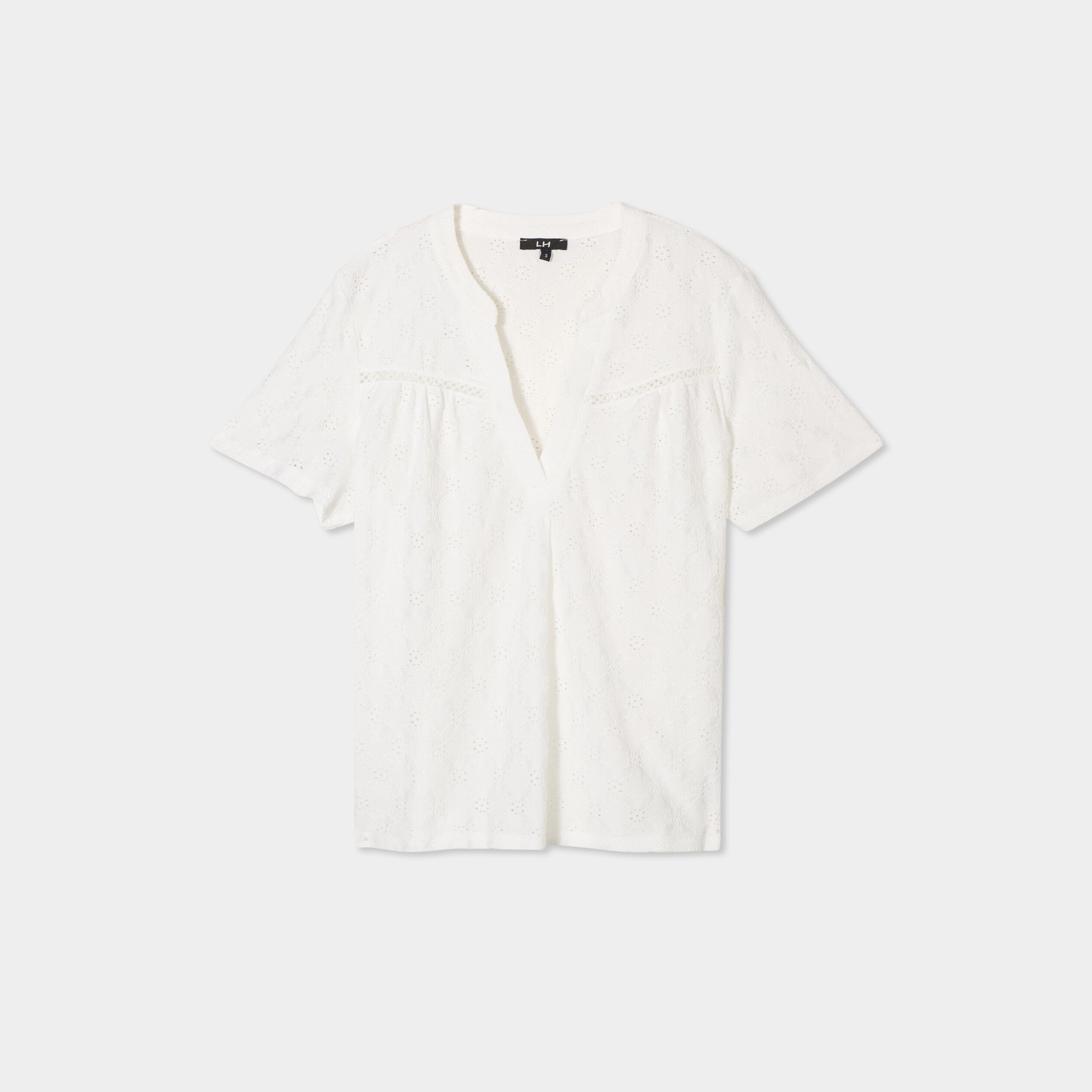 t shirt broderie anglaise col tunisien blanc femme T-shirt broderie anglaise col tunisien blanc femme
