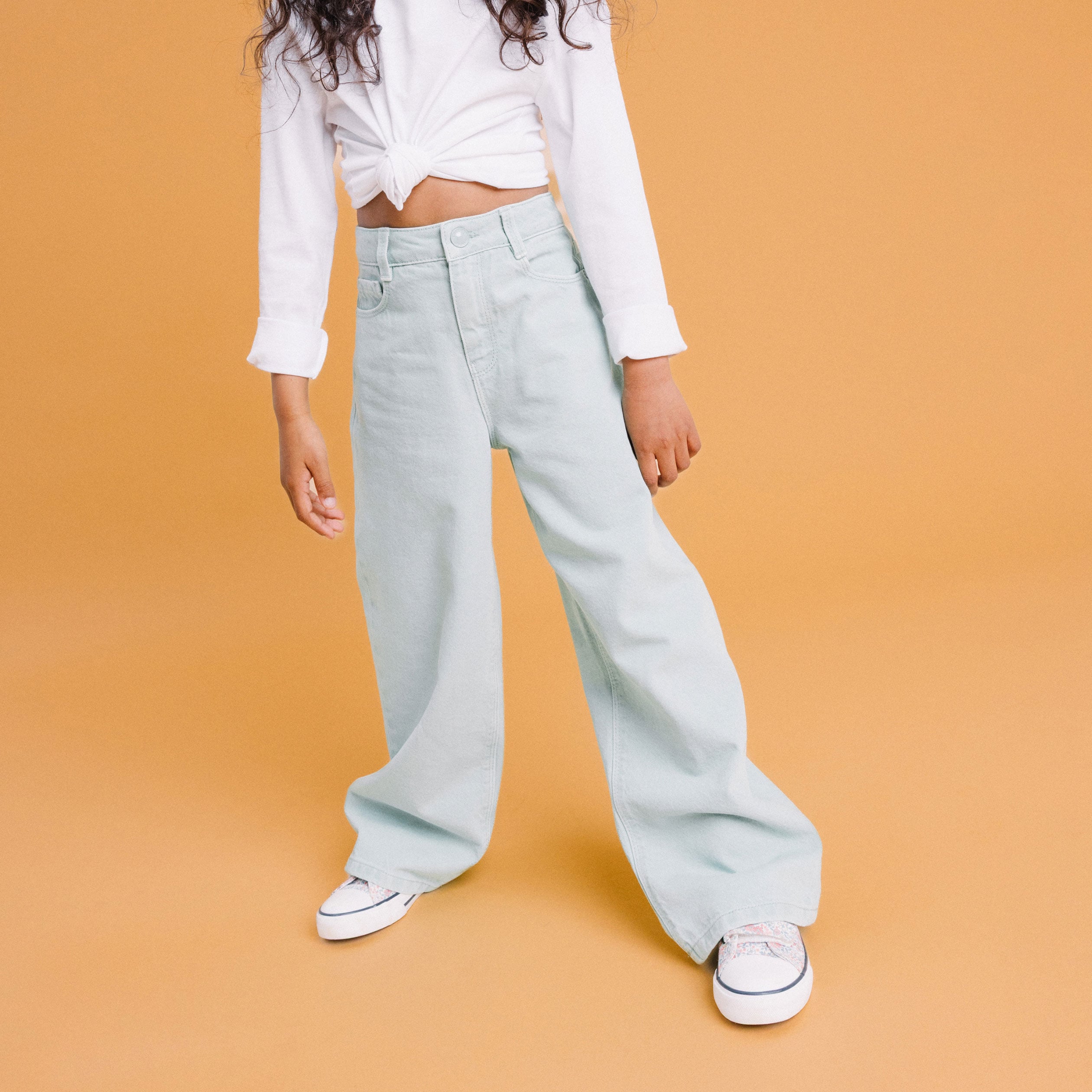 Pantalon coupe large 5 poches coton bleu gris fille