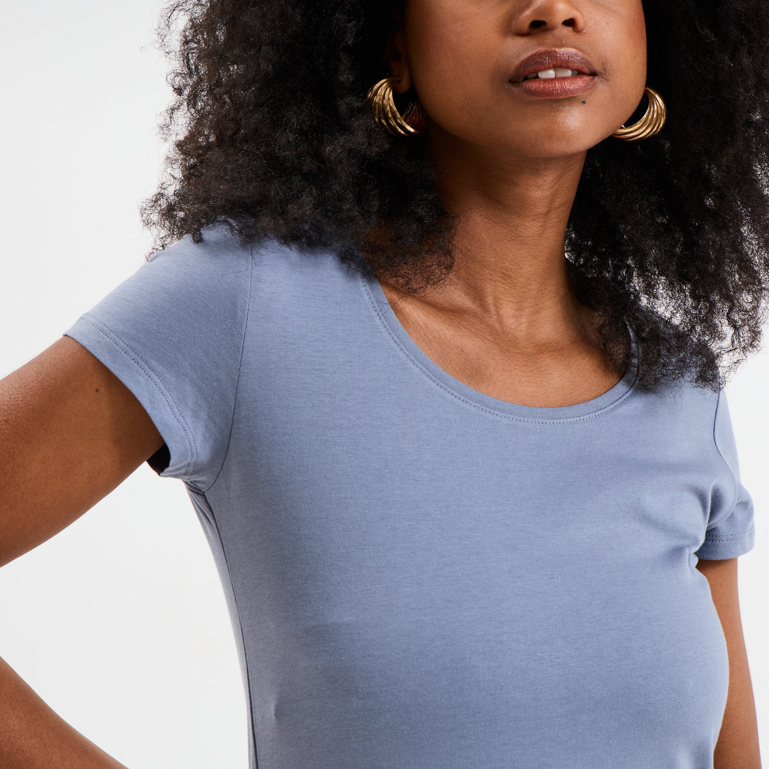 t shirt coton col rond manches courtes bleu gris femme T-shirt coton col rond manches courtes bleu gris femme