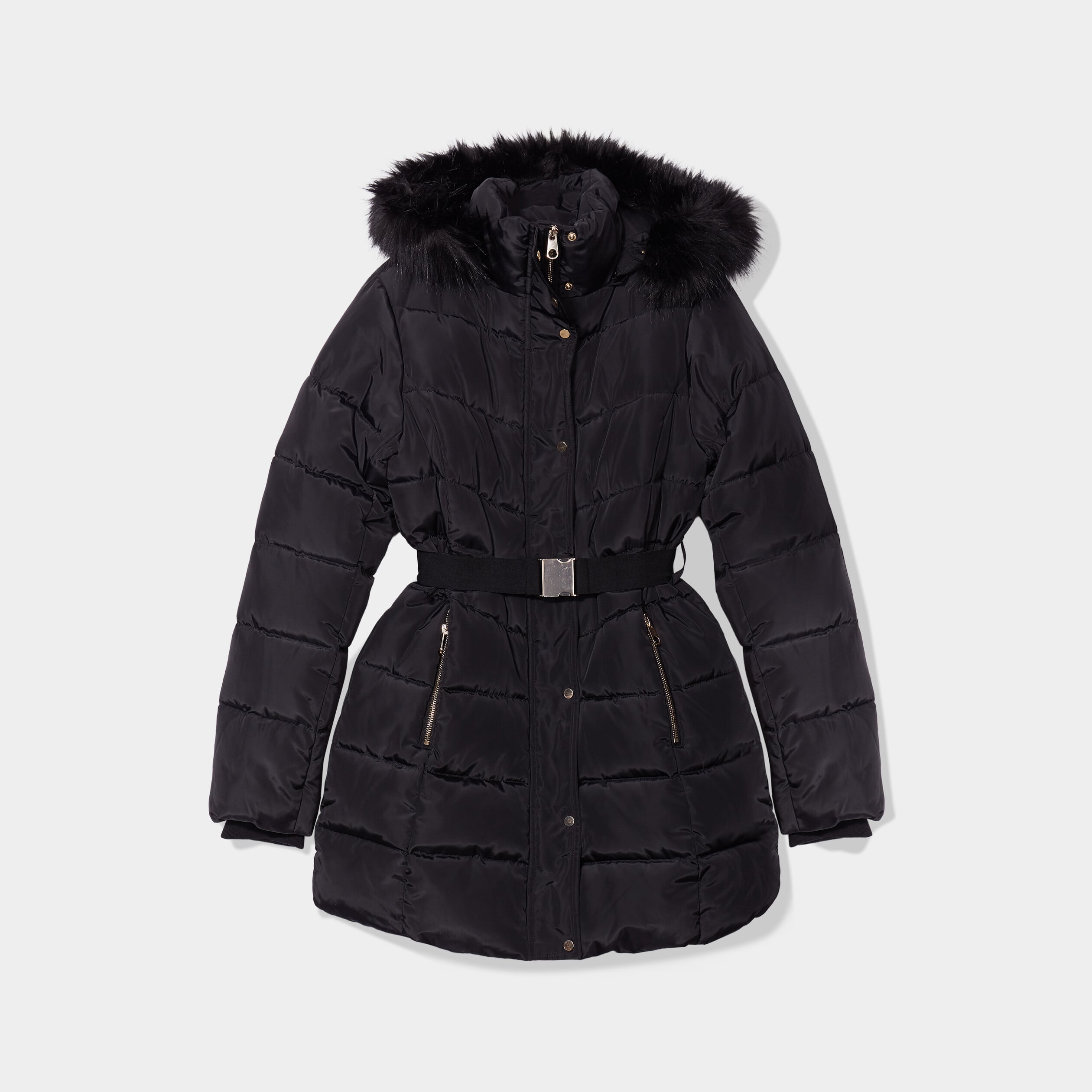 Doudoune ceintur&eacute;e mi-longue &agrave; capuche noir femme
