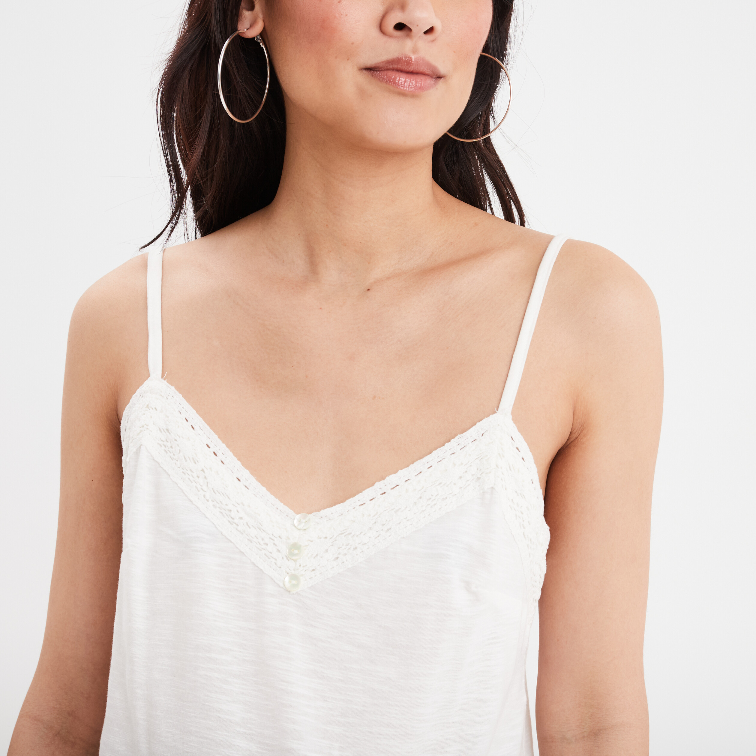 debardeur bandes macrame au col blanc femme Débardeur bandes macramé au col blanc femme