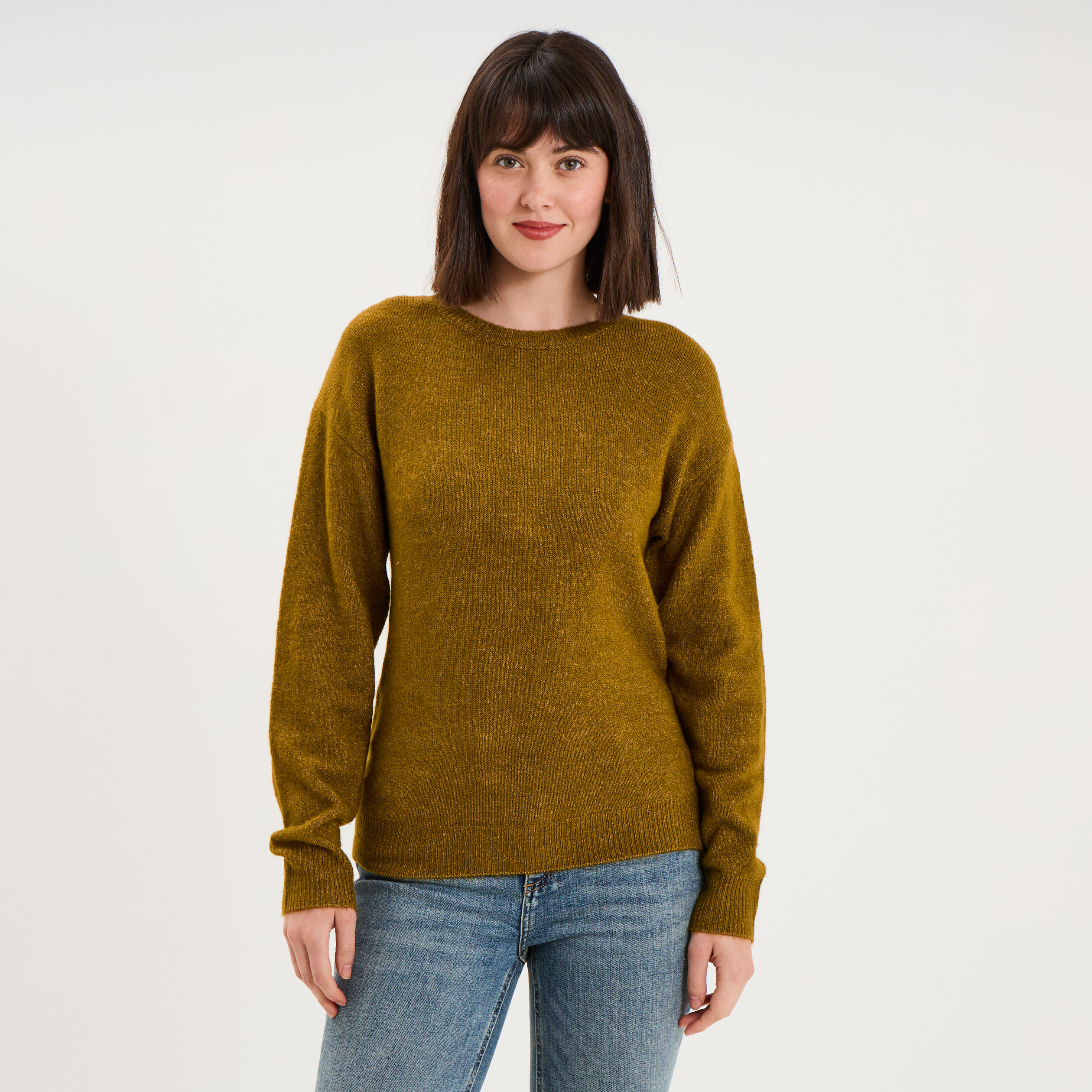 Pull col rond manches longues vert olive femme
