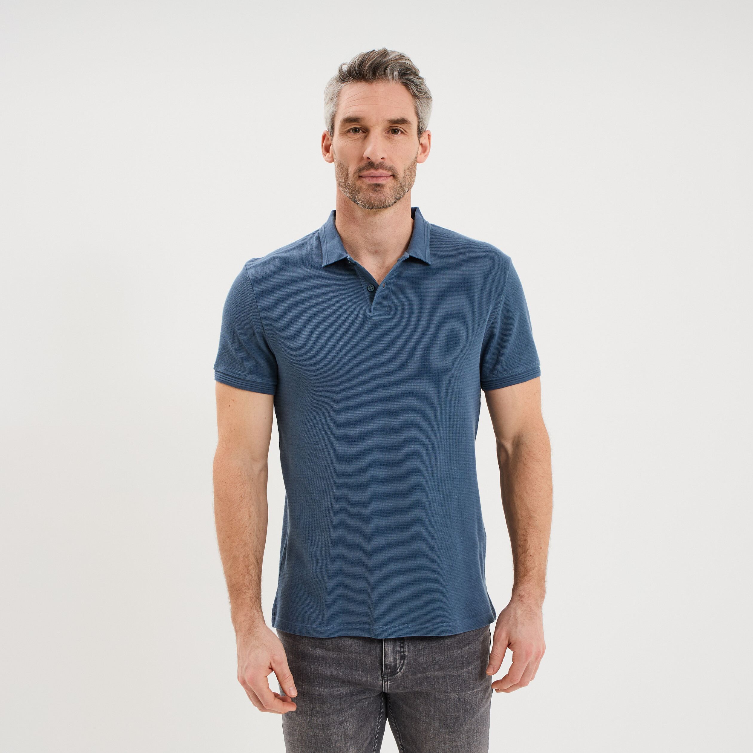 Polo textur&eacute; manches courtes coton bleu gris homme