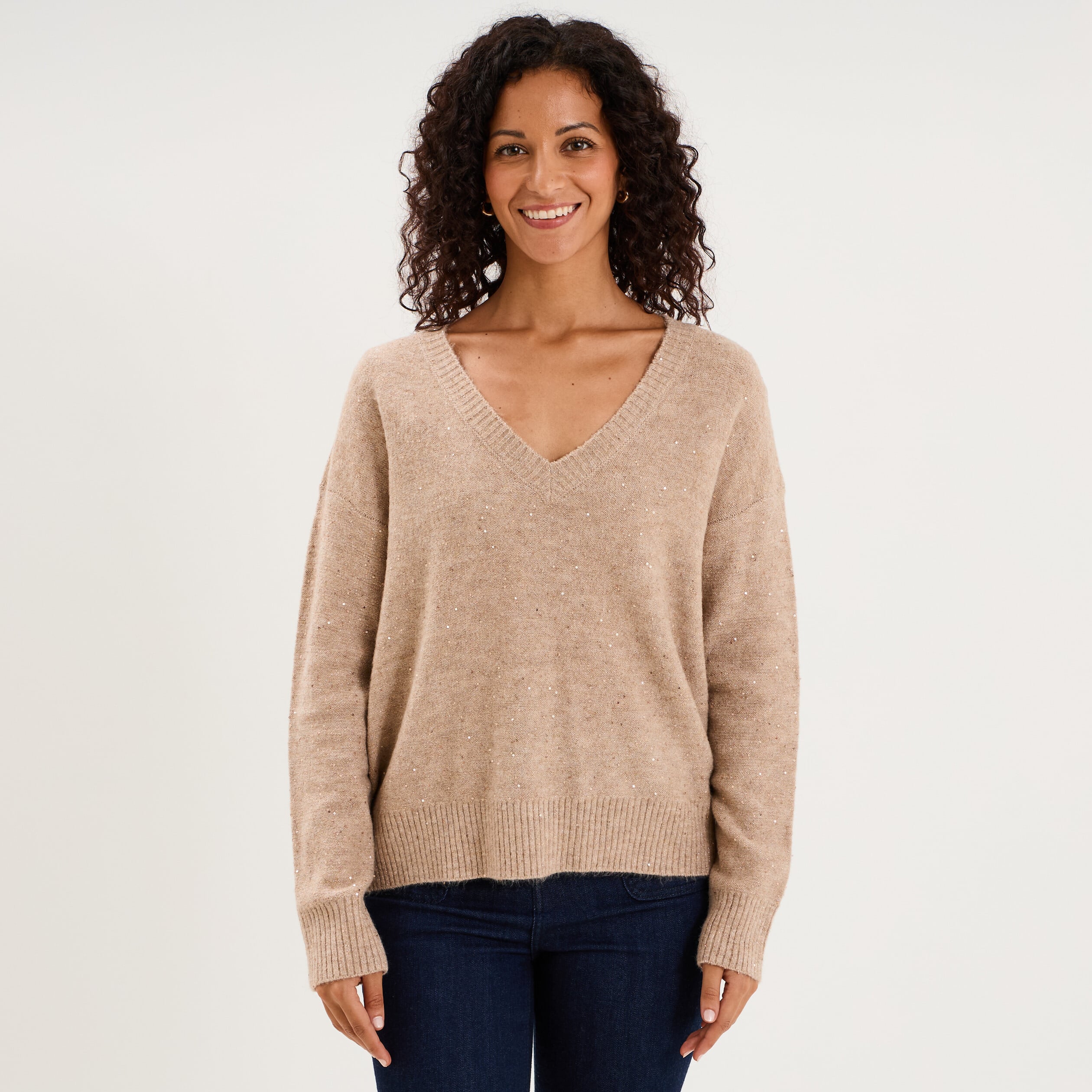 Pull droit &agrave; sequins et col en V beige femme