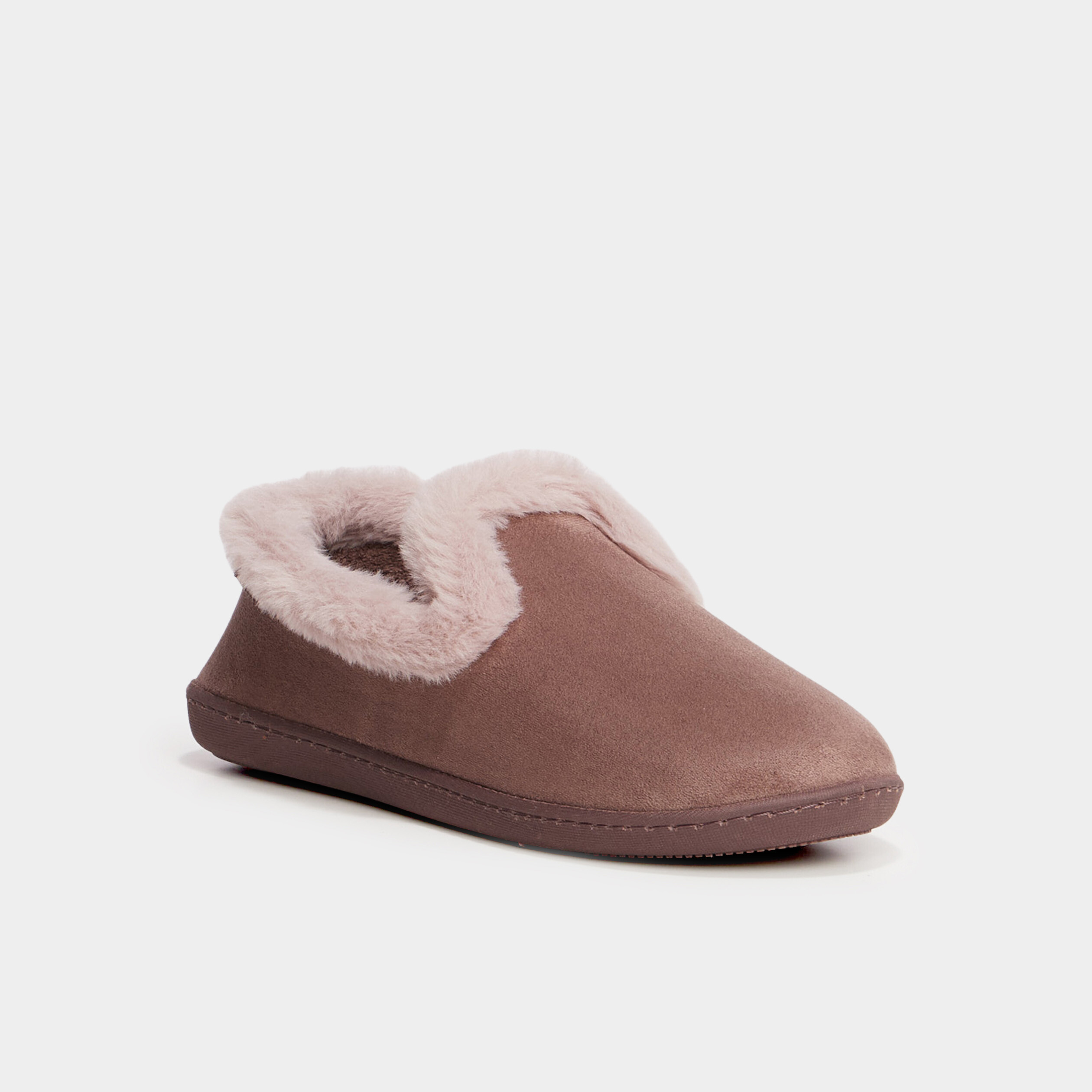 Chaussons fausse fourrure anti-d&eacute;rapants taupe femme