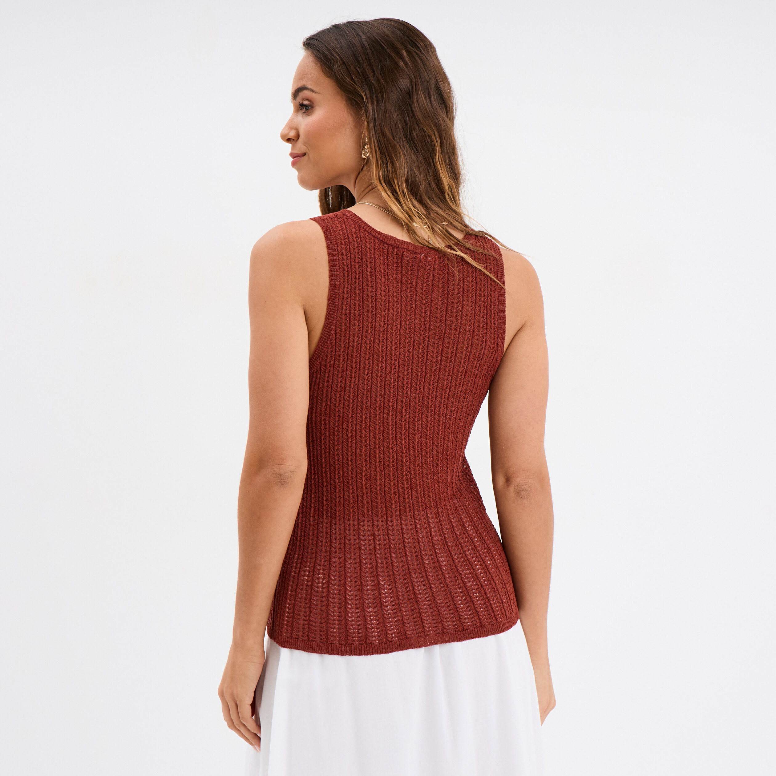 debardeur maille col rond marron cognac femme Débardeur maille col rond marron cognac femme