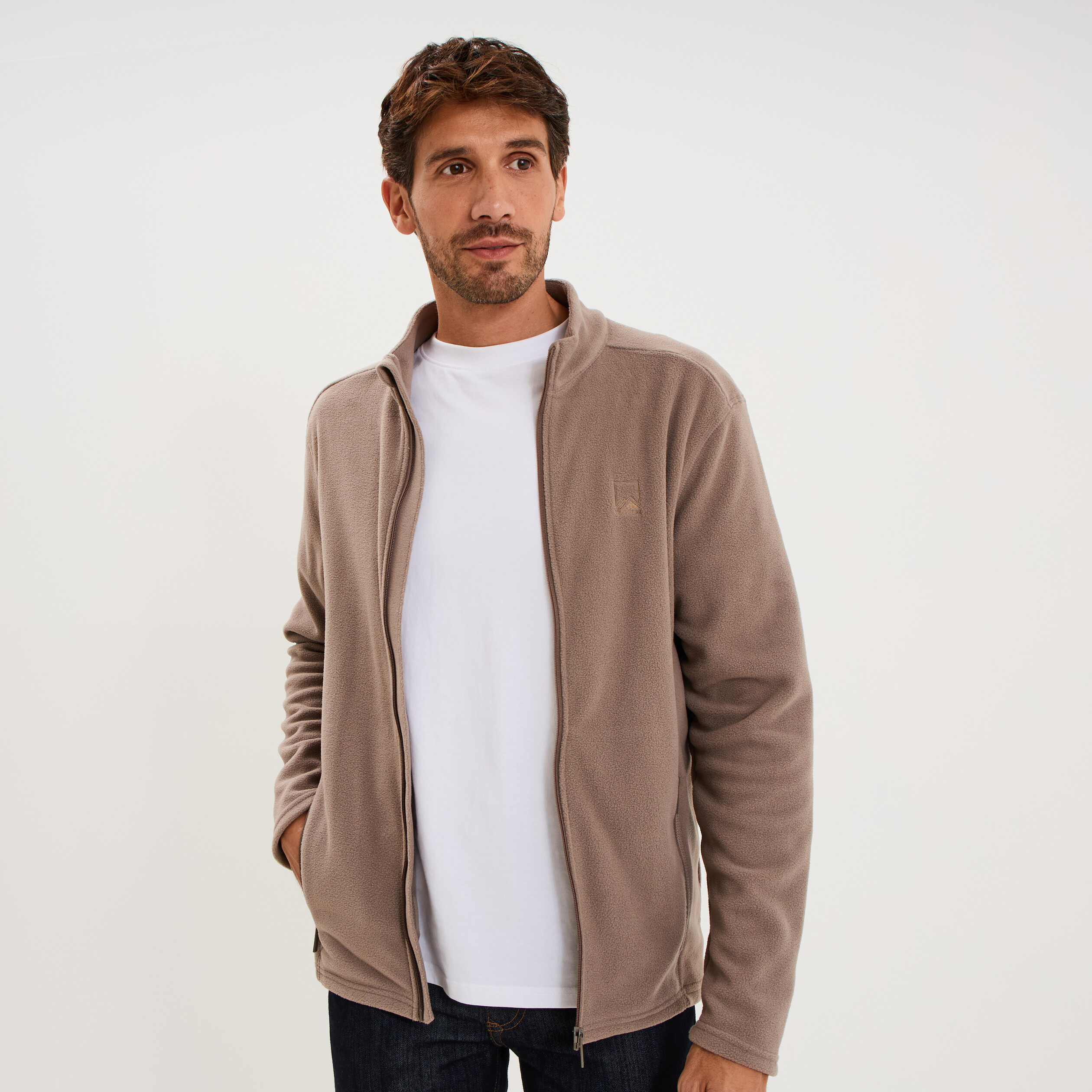 Gilet polaire zipp&eacute; manches longues gris homme