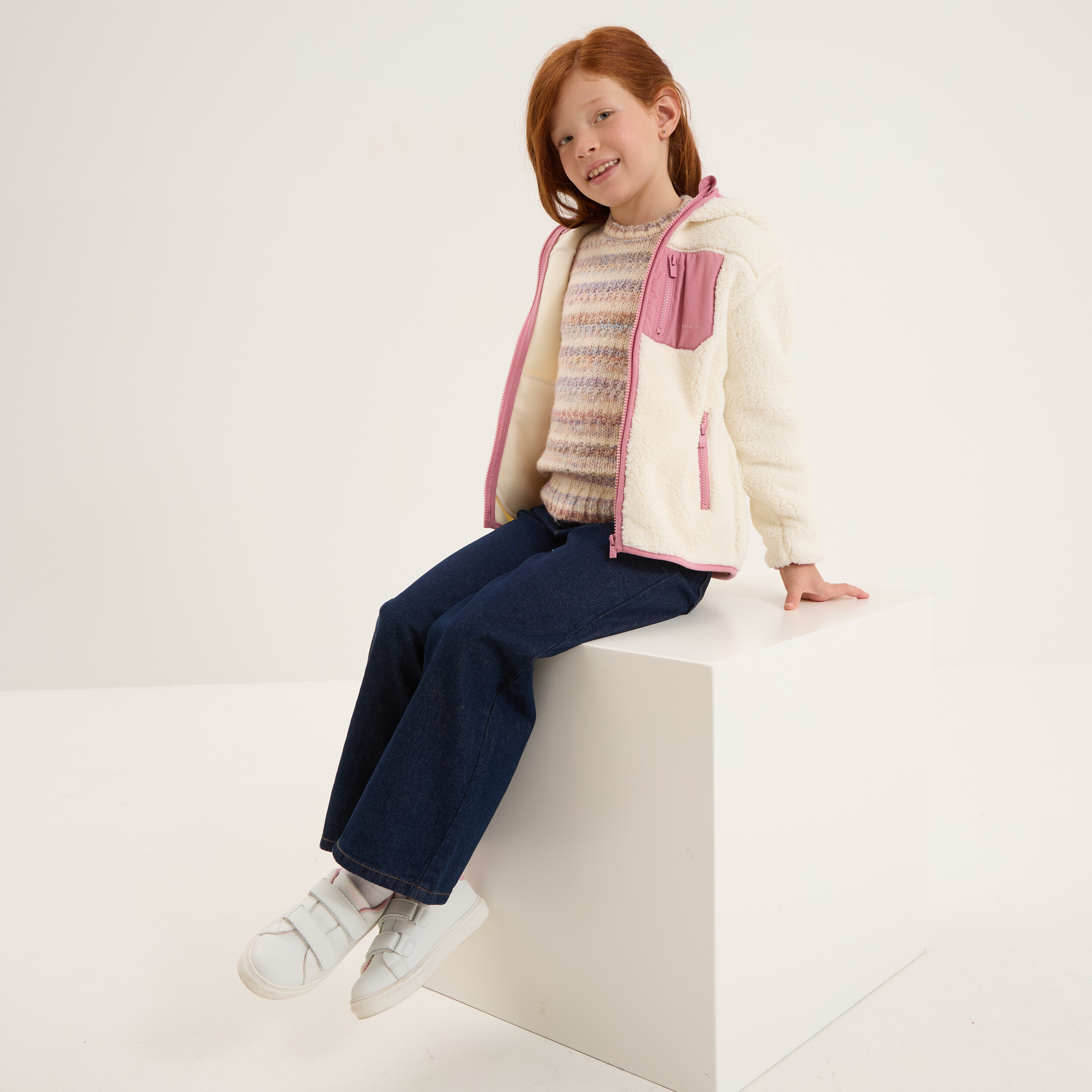 Pull col rond droit manches longues multicolore fille