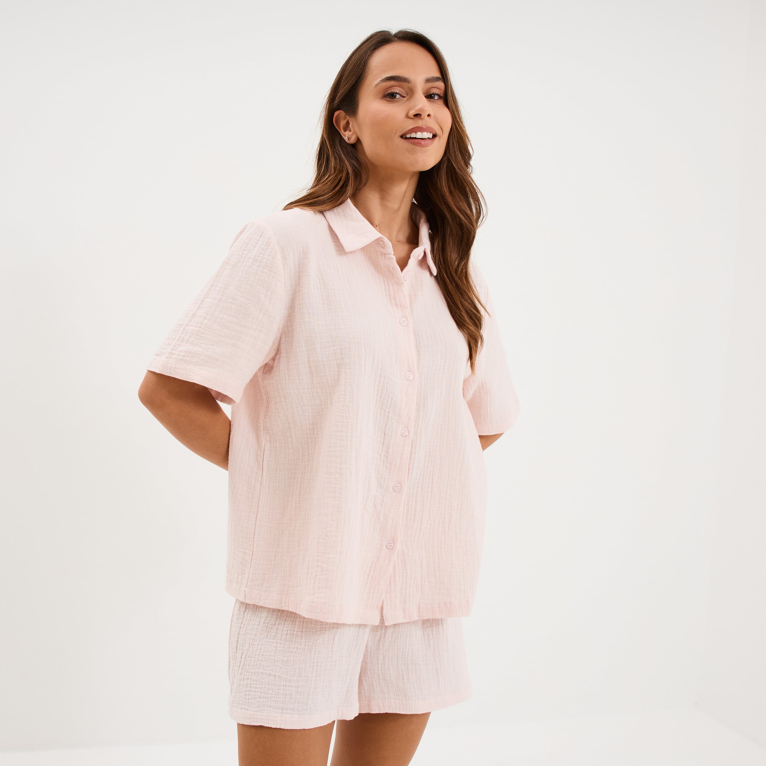 Ensemble pyjama chemise et short coton rose clair femme
