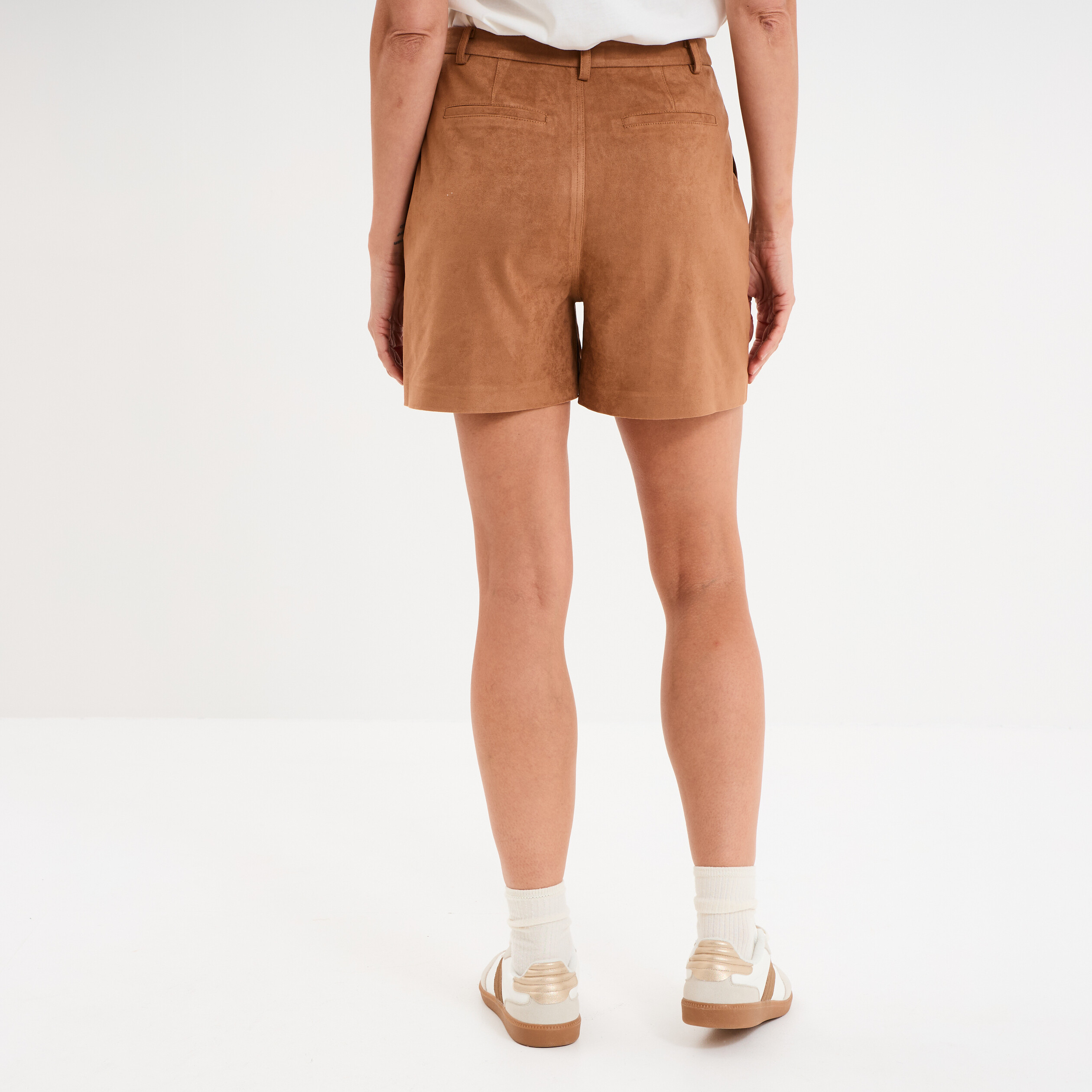 Short effet su&eacute;dine droit taille haute marron clair femme