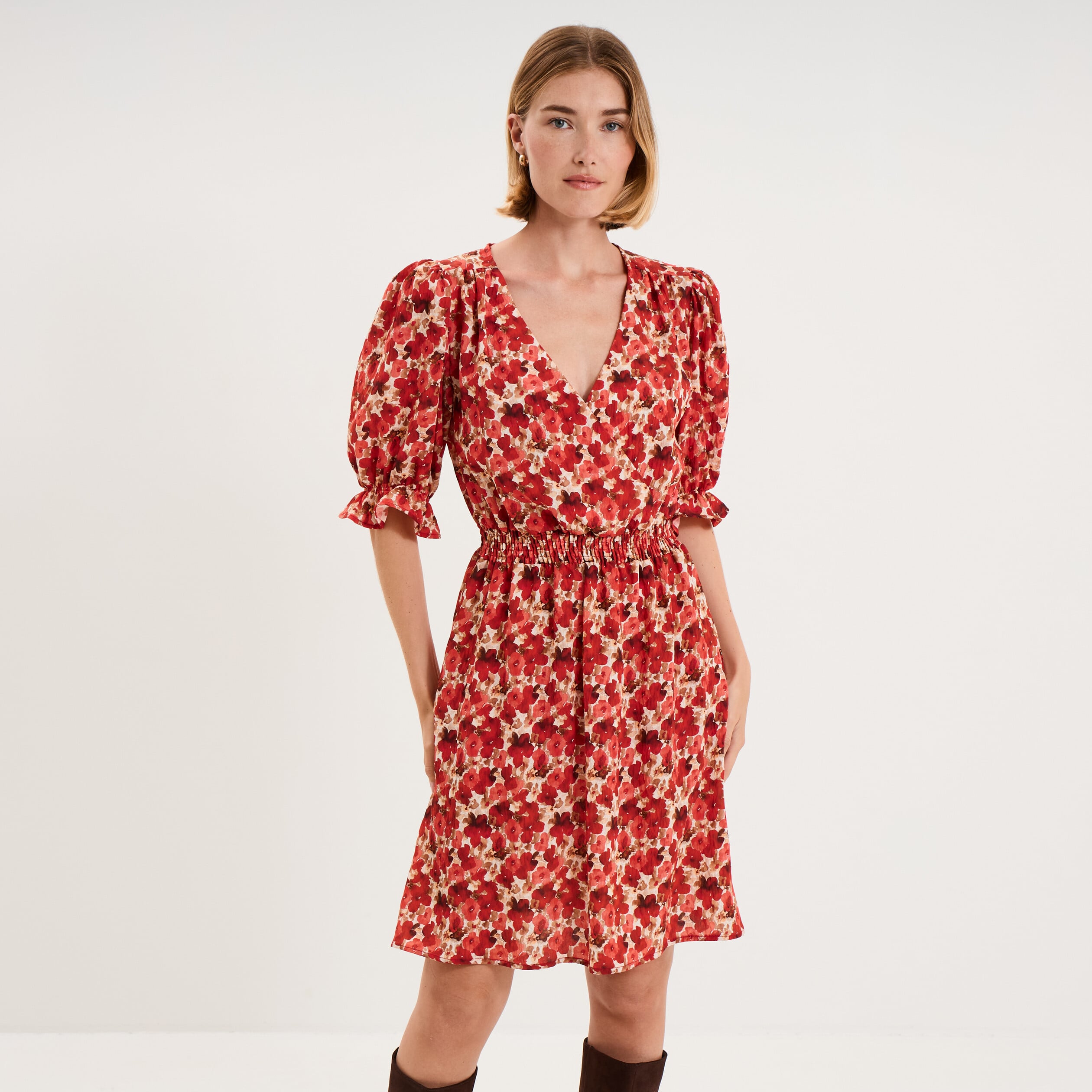 Robe smock&eacute;e manches ballon col V rouge coquelicot femme