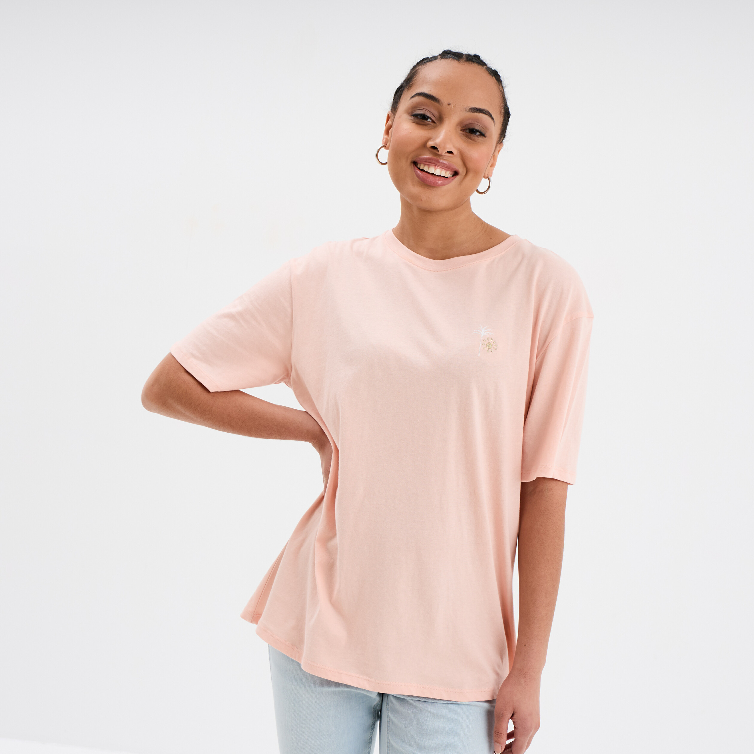 T-shirt col rond manches courtes coton jaune pastel femme - Main Image