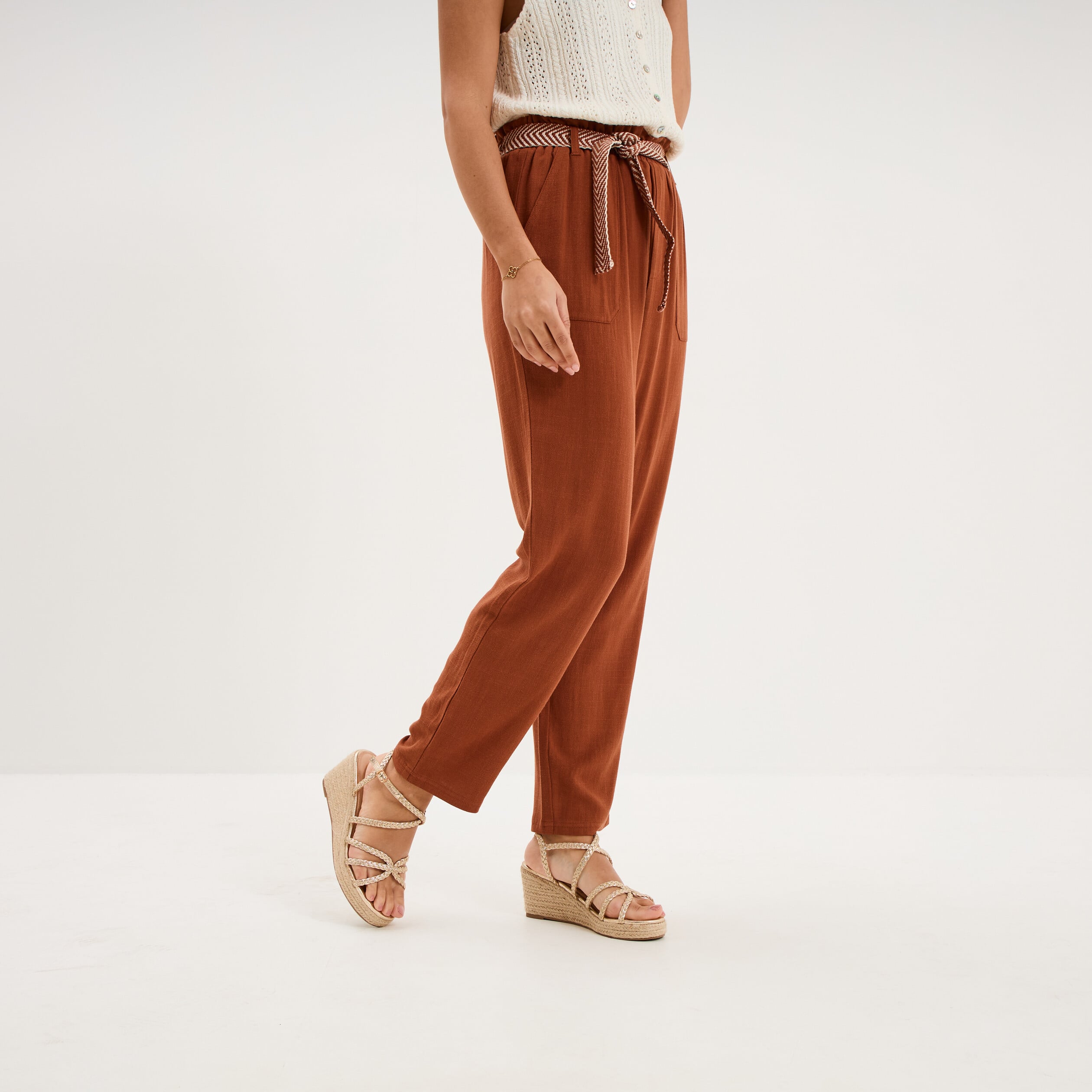 Pantalon paperbag &eacute;lastiqu&eacute; m&eacute;lange lin camel femme