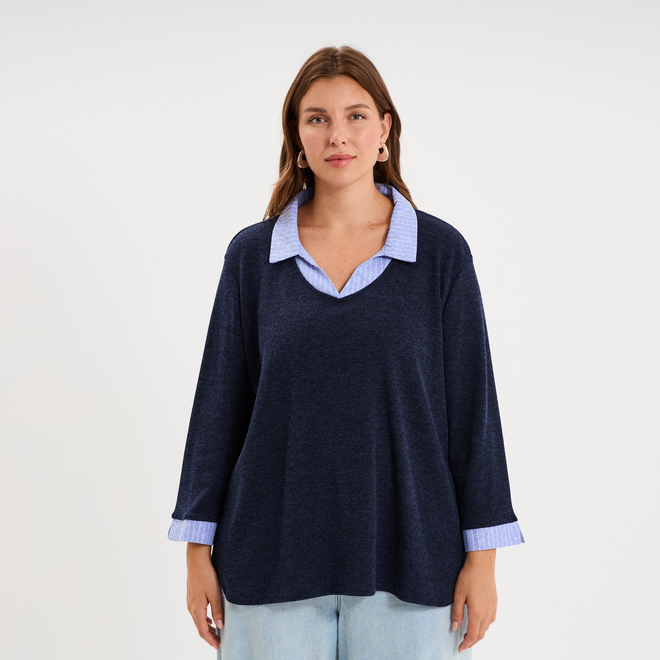 Pull effet 2-en-1 avec manches 3/4 bleu marine femme grande taille