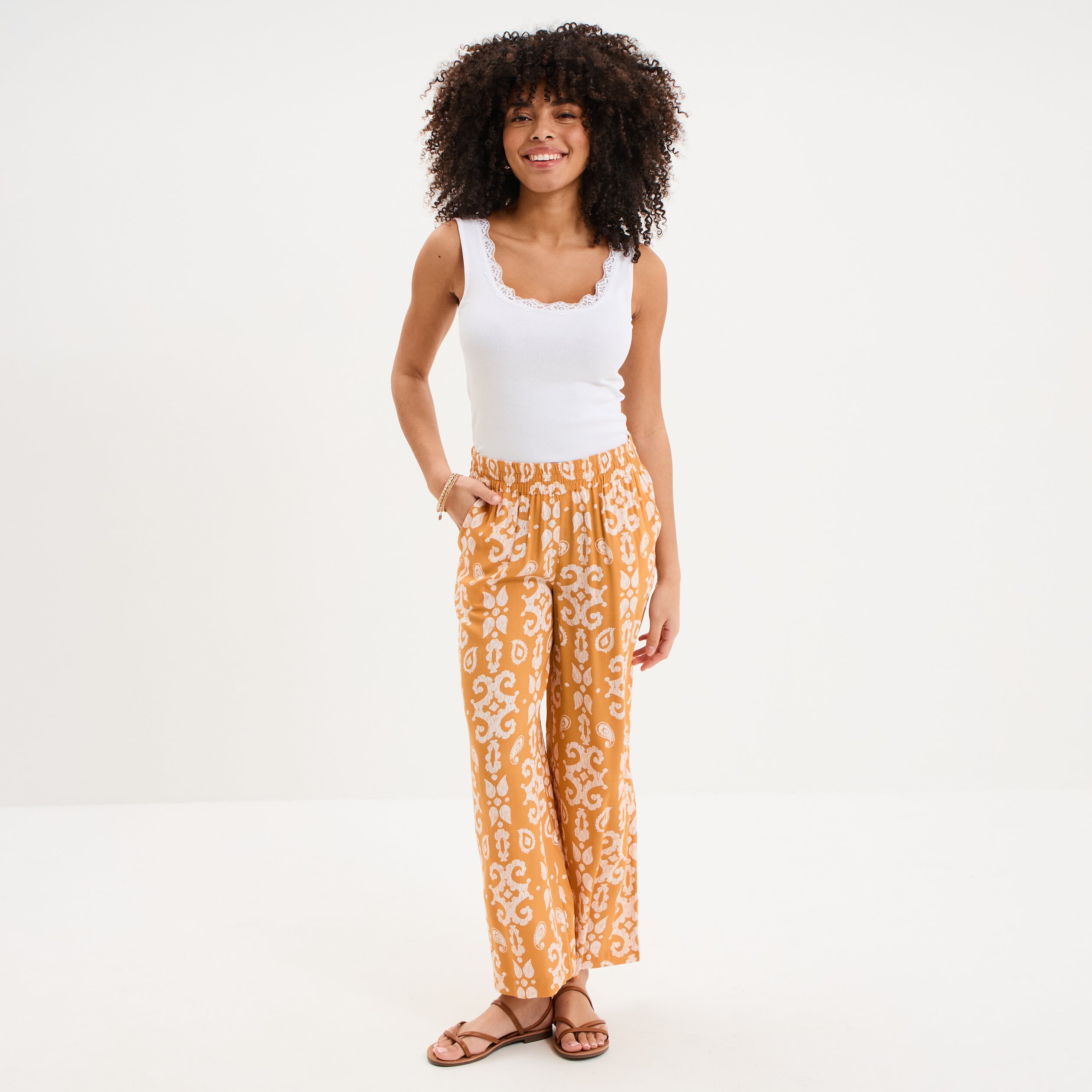 Pantalon fluide large taille &eacute;lastiqu&eacute;e jaune ocre femme