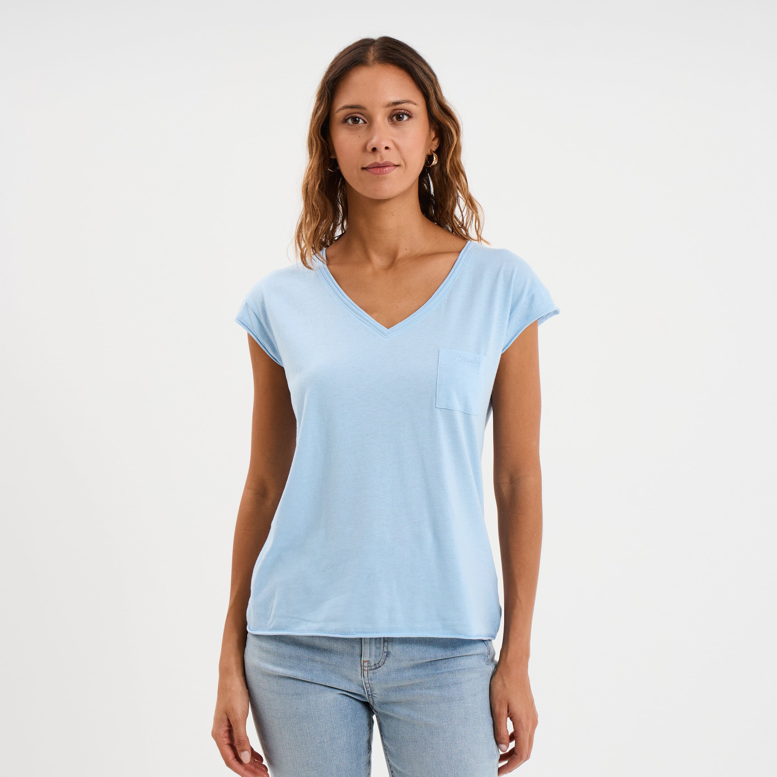 T-shirt col v poche poitrine bleu clair femme