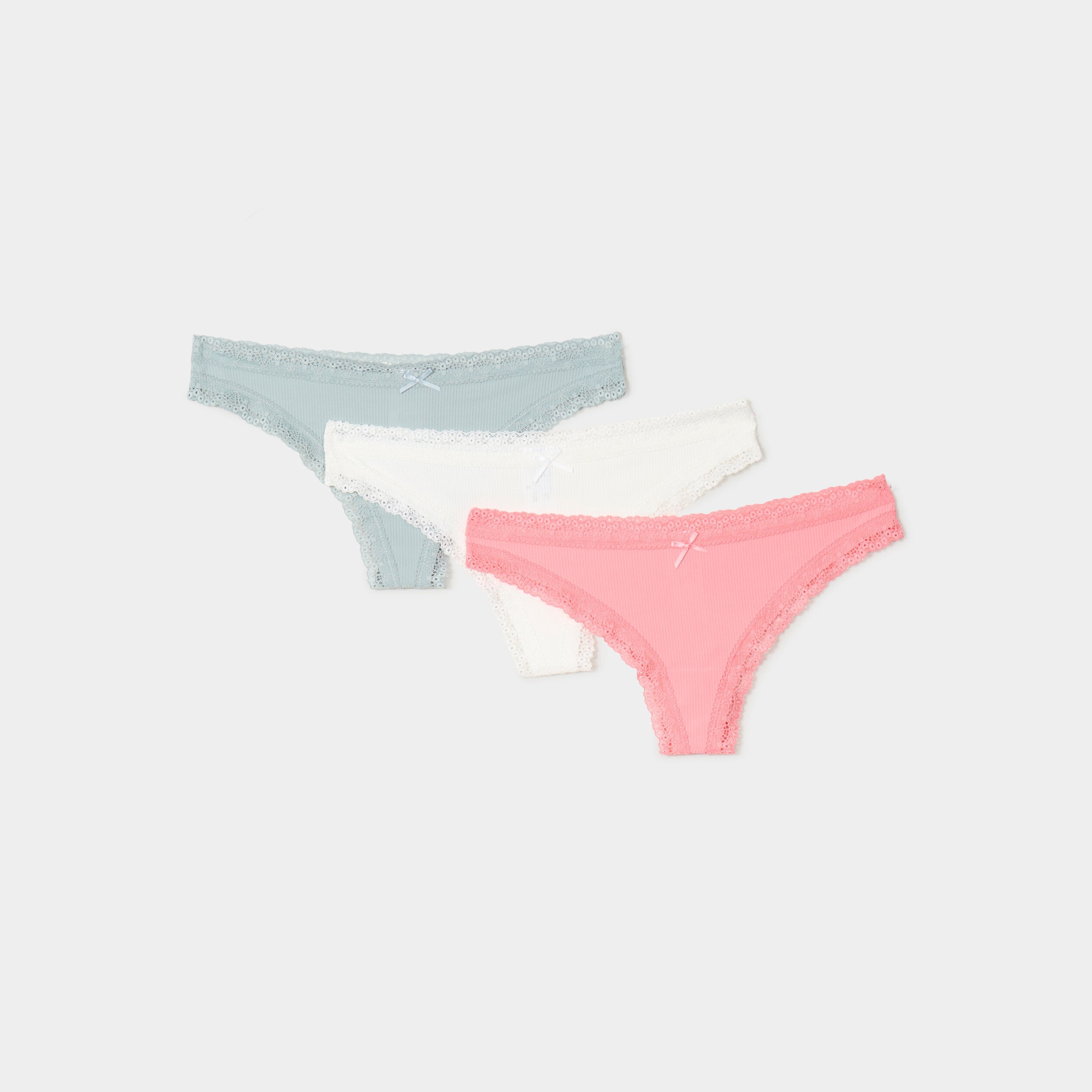 Lot 3 tangas côtelés à dentelle vieux rose femme