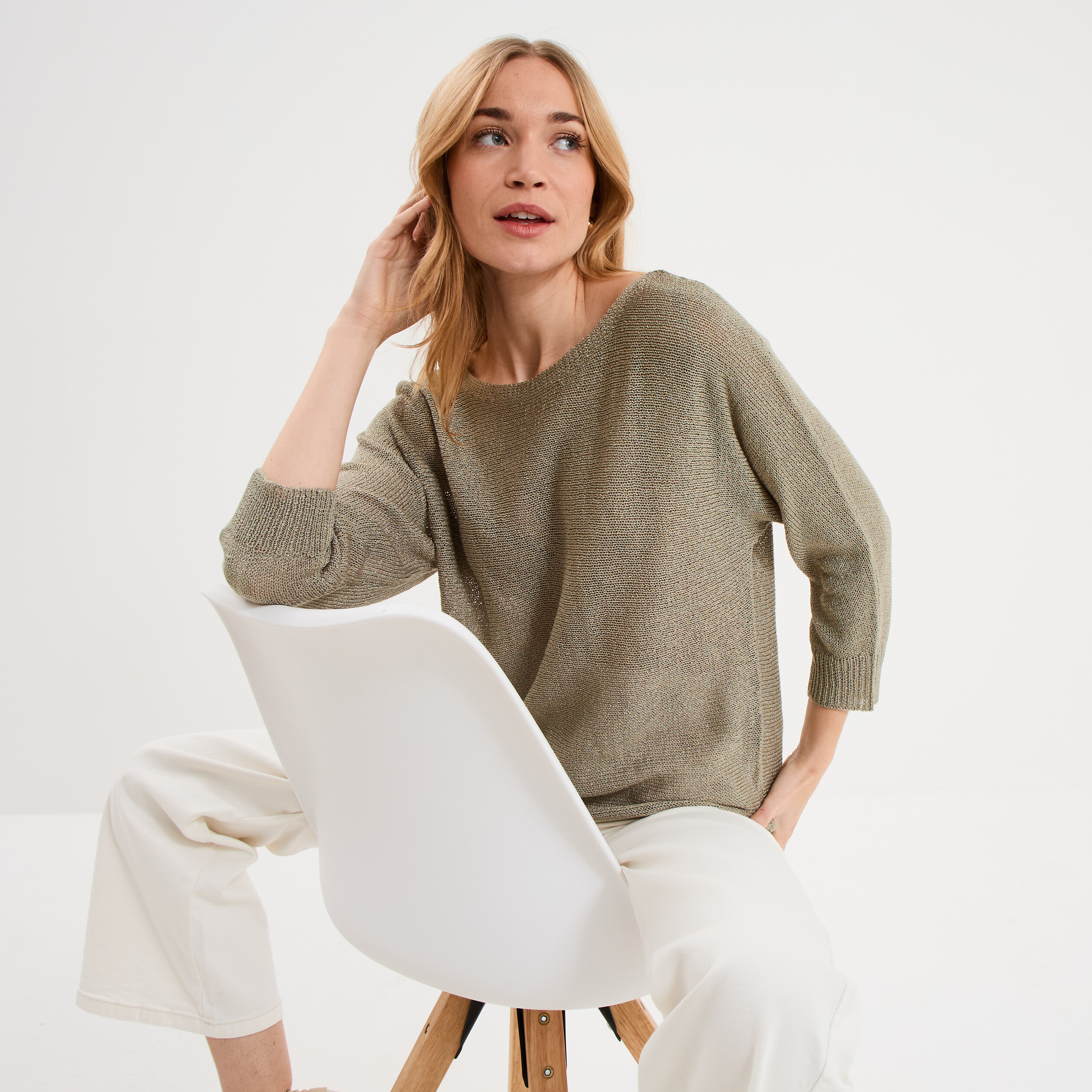 Pull droit col rond manches longues vert kaki femme