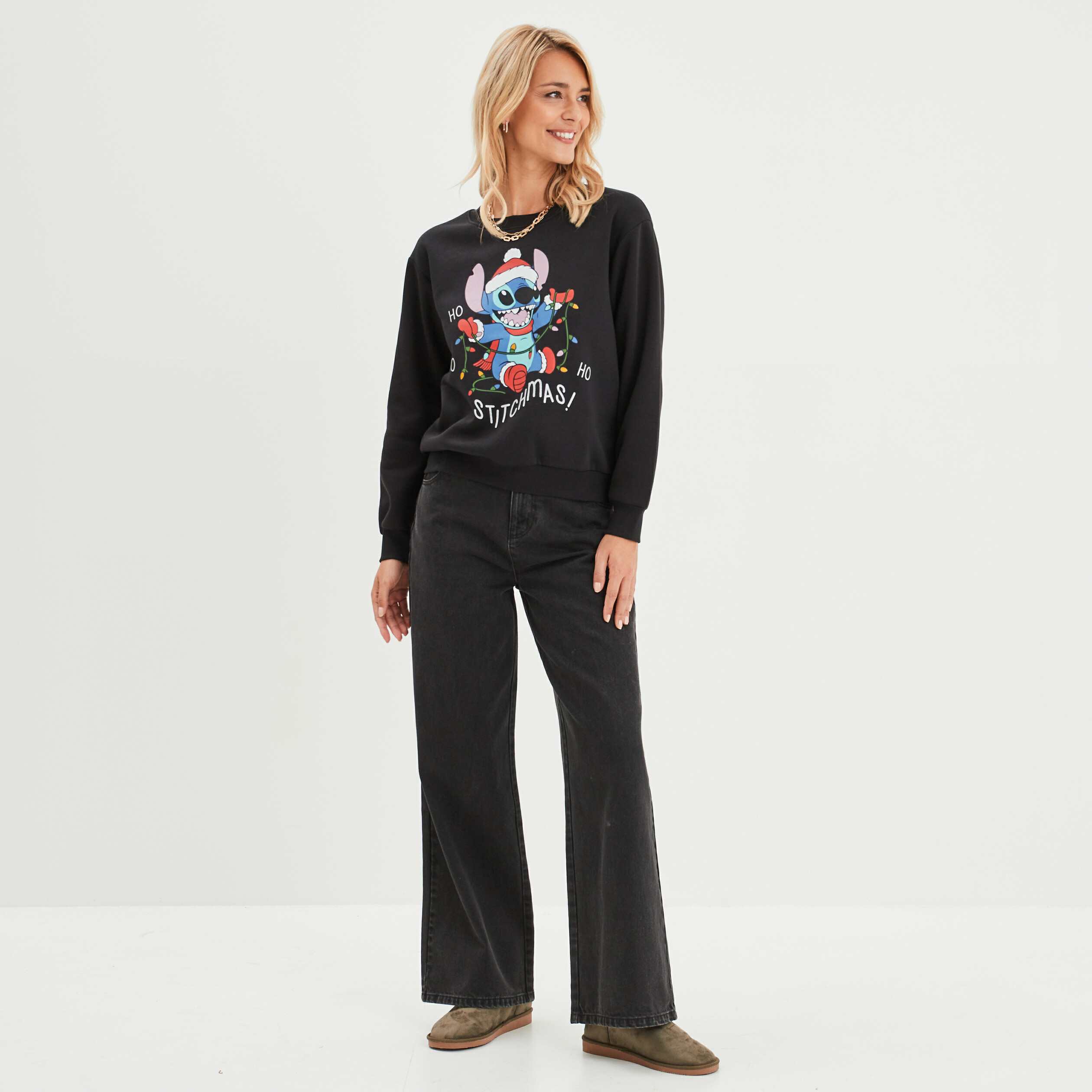 sweat de noel manches longues stitch noir femme Sweat de Noël manches longues Stitch noir femme
