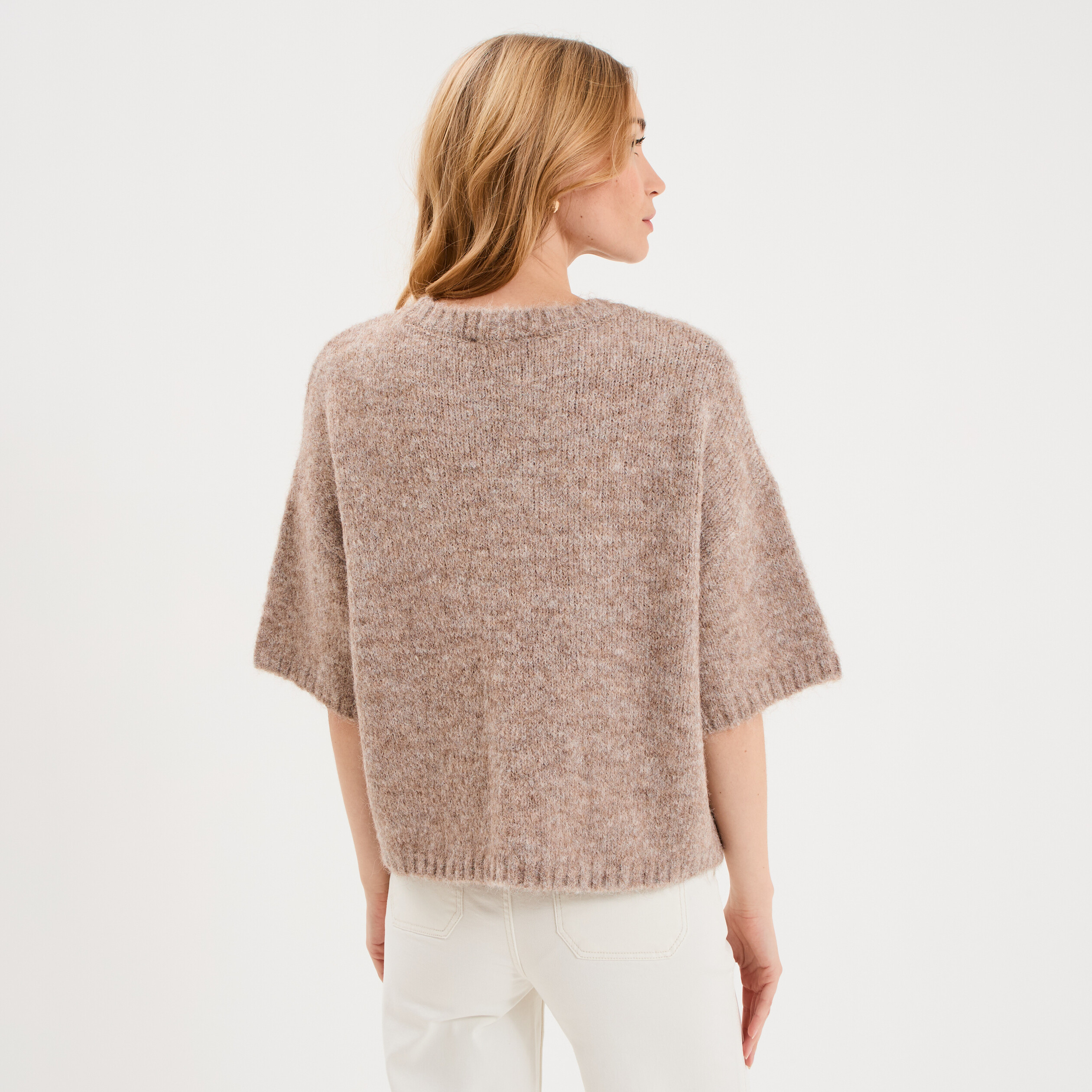 Pull col rond manches courtes beige femme