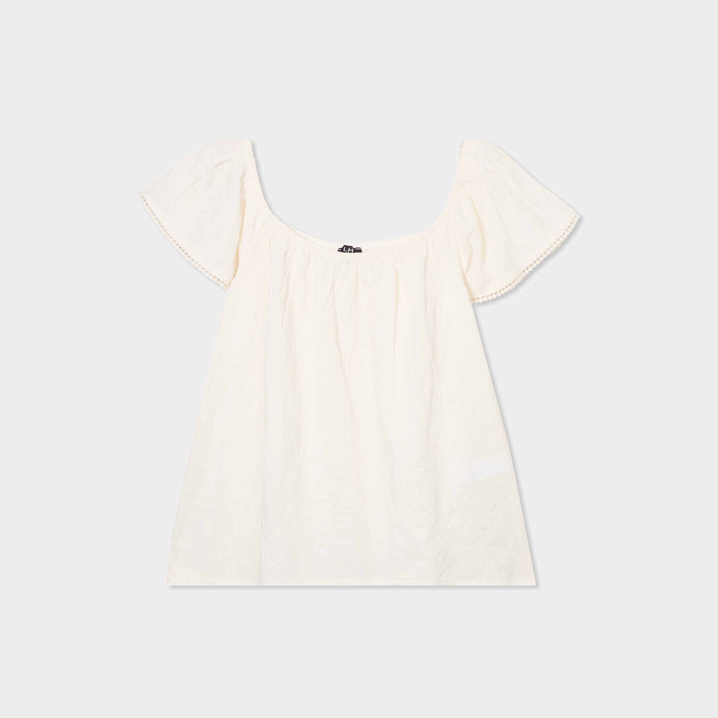 Blouse brodée col bardot coton creme femme