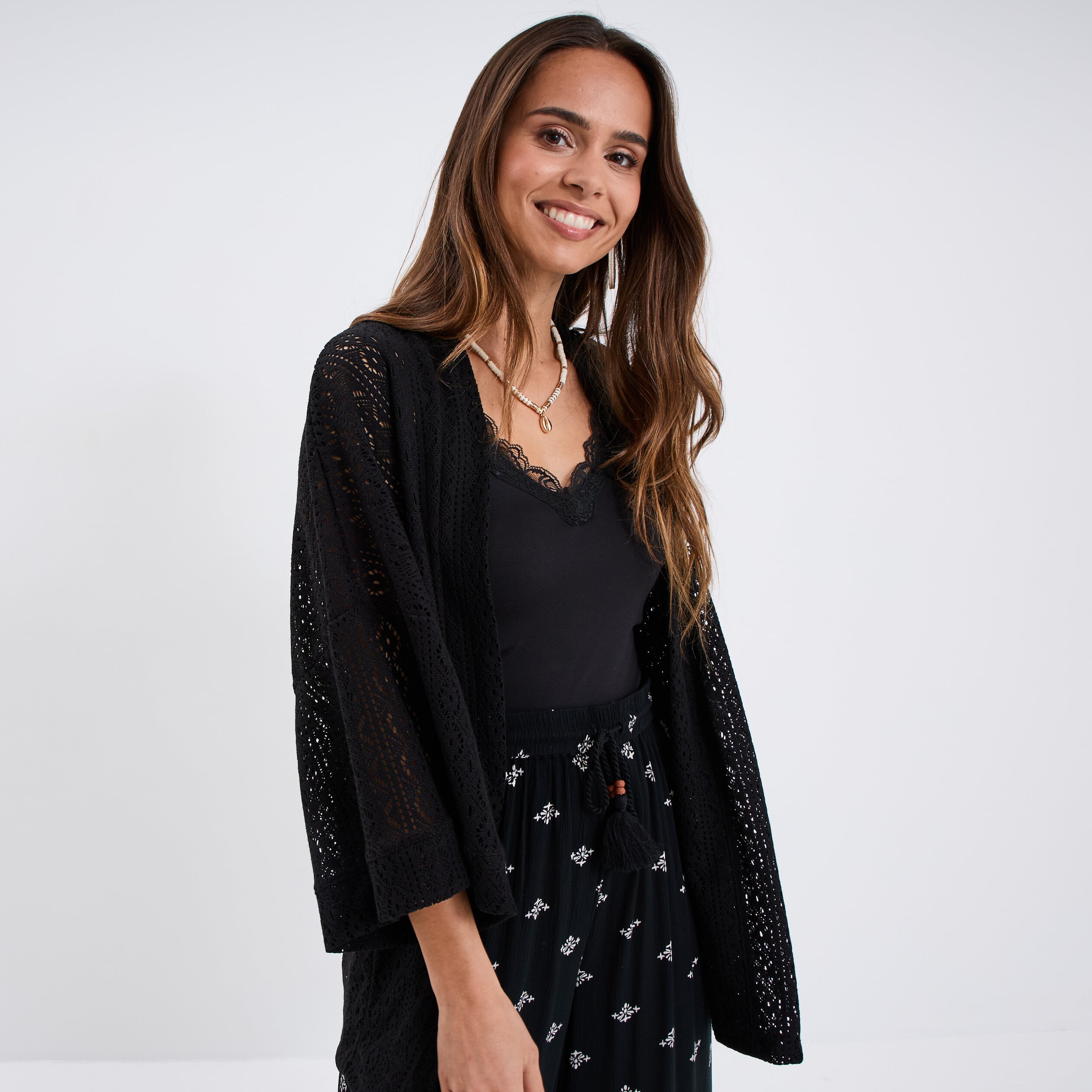 Veste ample esprit kimono dentelle noir femme