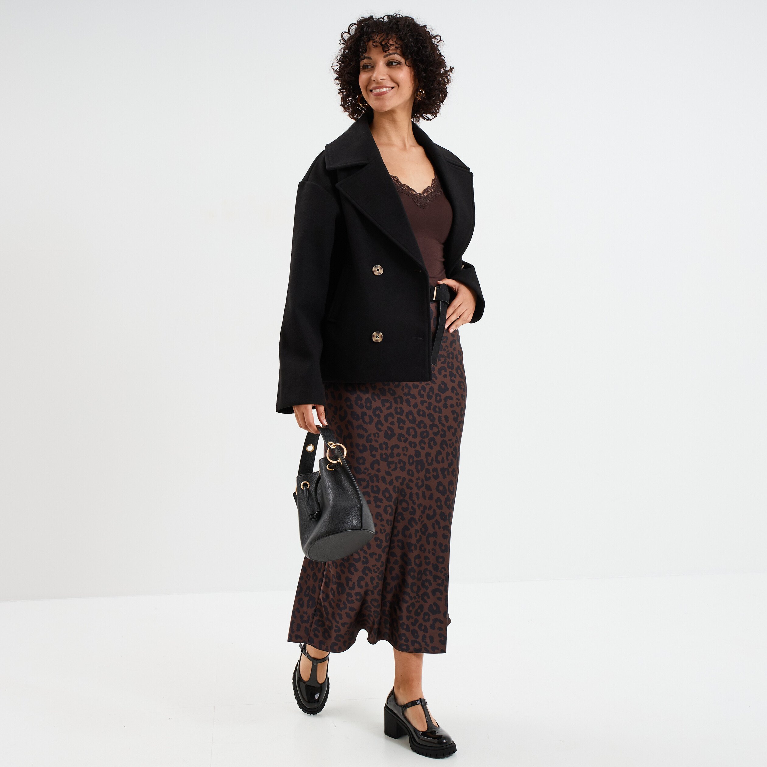 Jupe effet satin midi évasée marron foncé femme