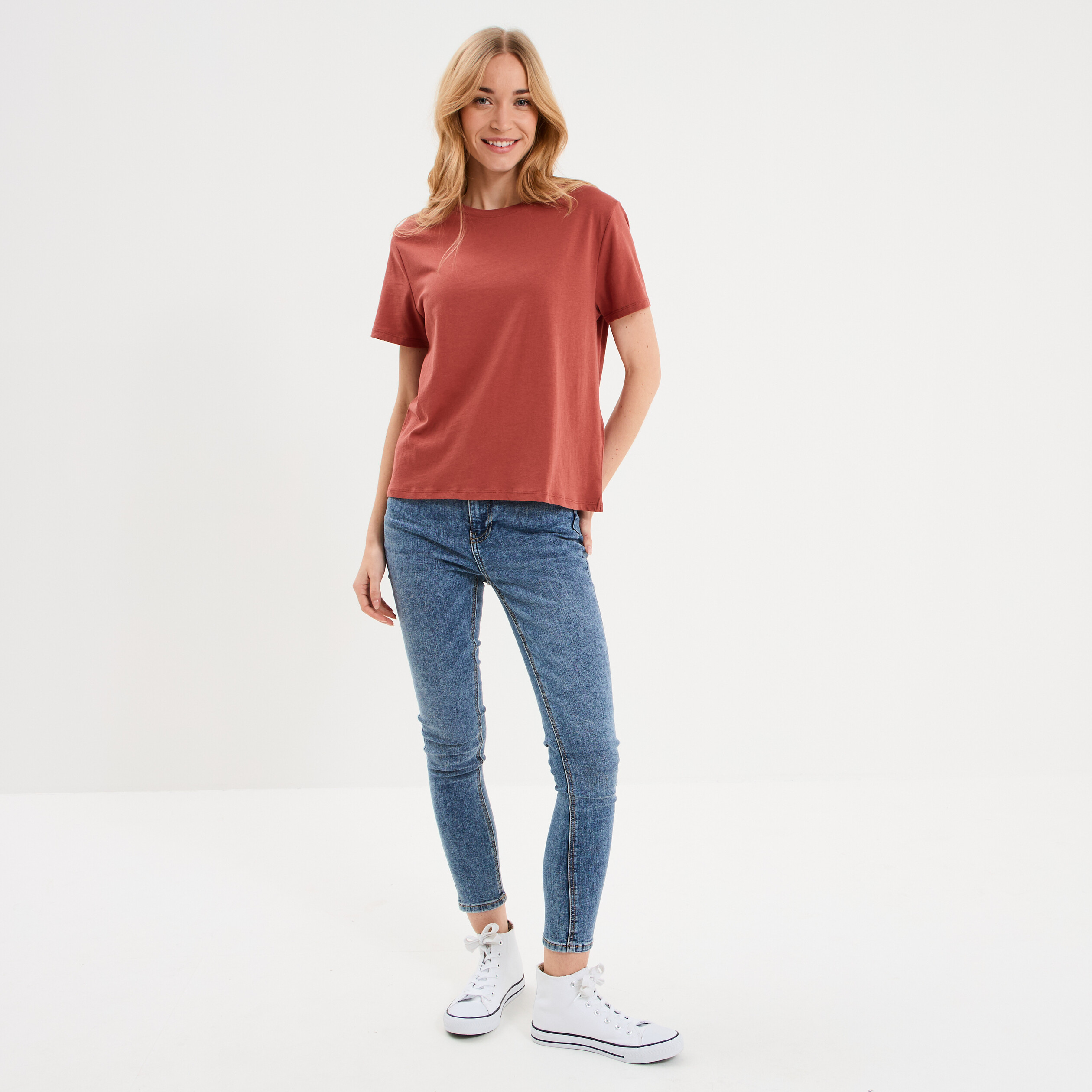 T-shirt col rond manches courtes coton vieux rose femme