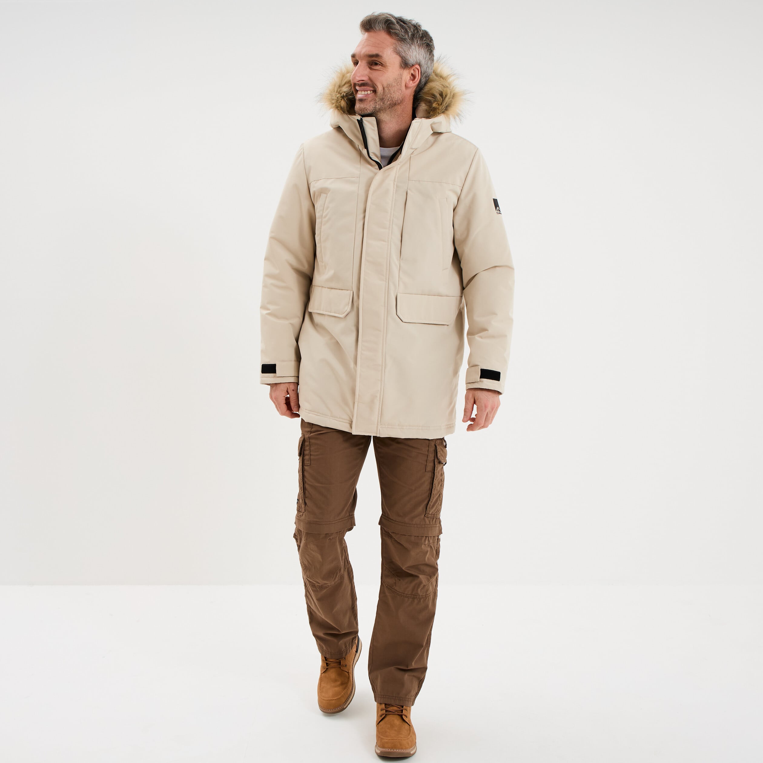 Parka &agrave; capuche fausse fourrure gris argent homme