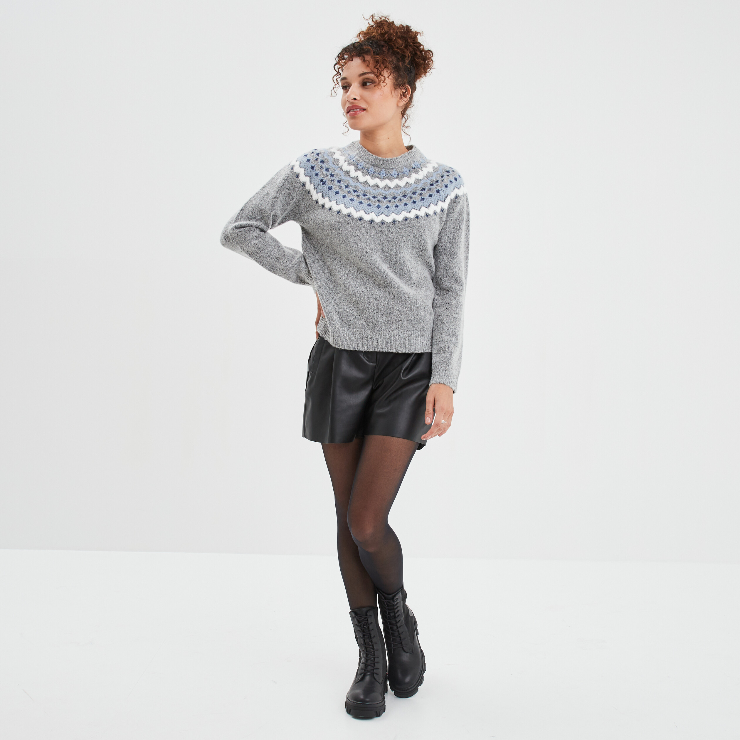 Pull jacquard col rond Creeks gris clair femme