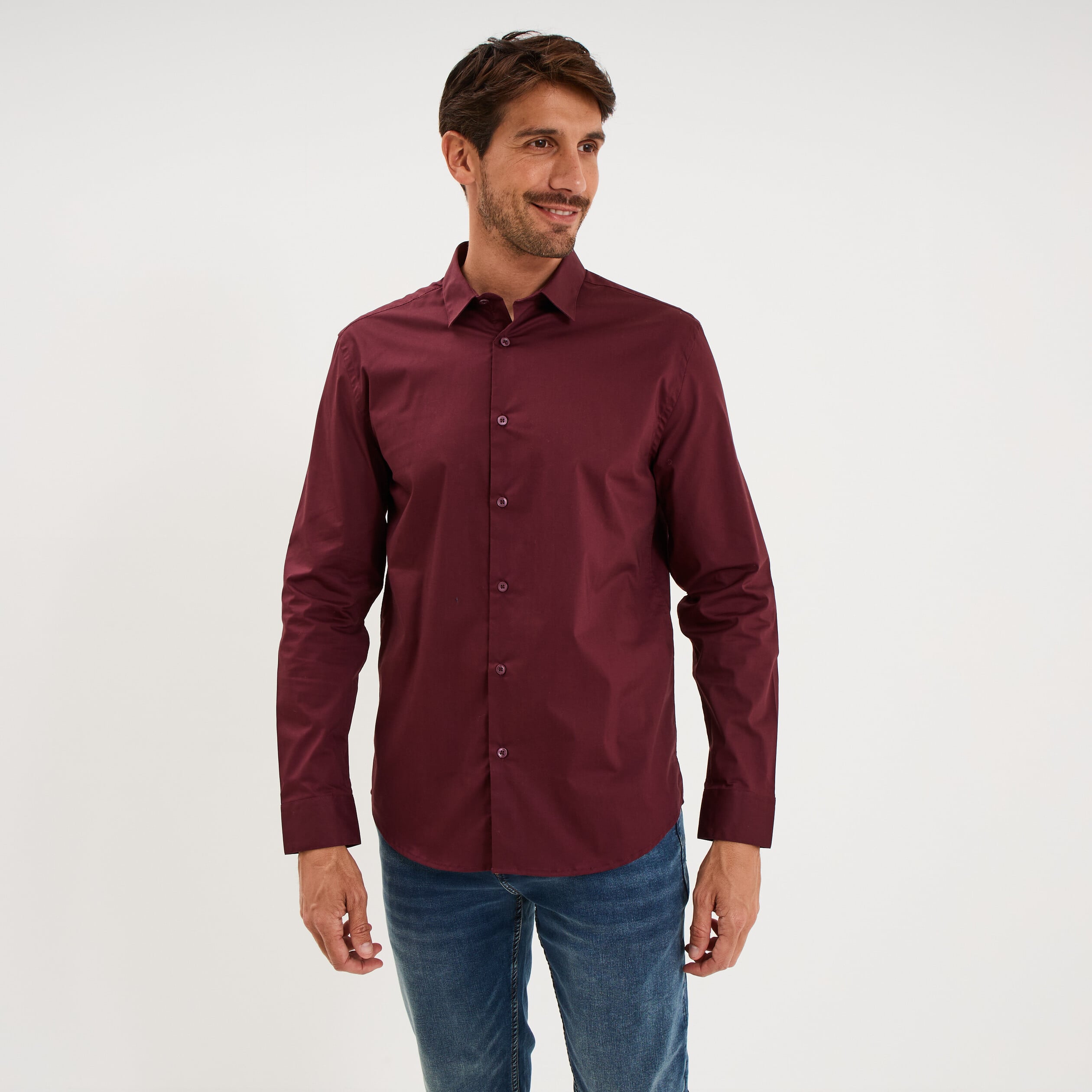 Chemise stretch manches longues violet fonc&eacute; homme