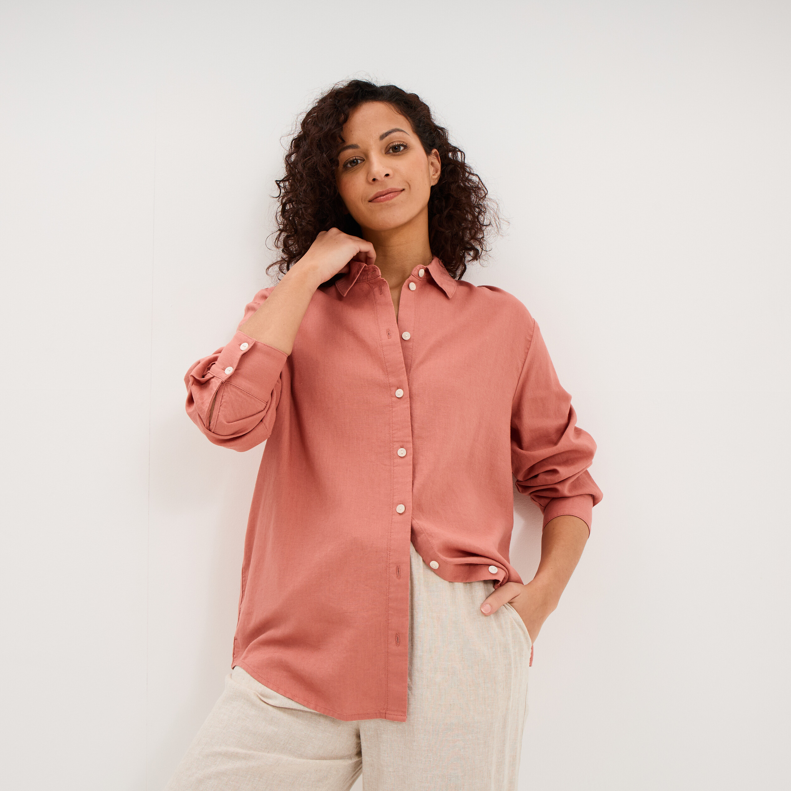 Chemise oversize lin m&eacute;lang&eacute; terracotta femme