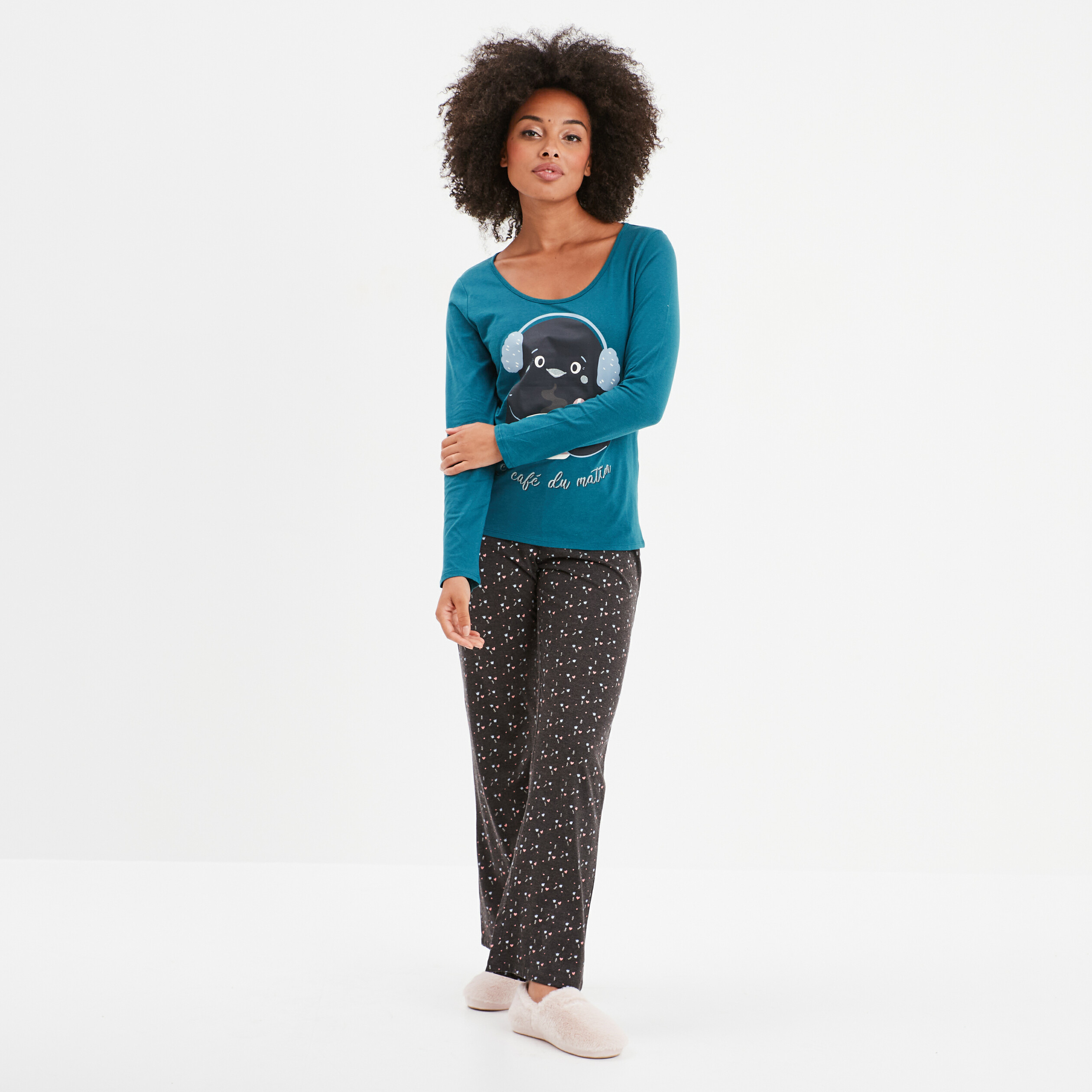 Ensemble pyjama pantalon pièces coton bleu canard femme