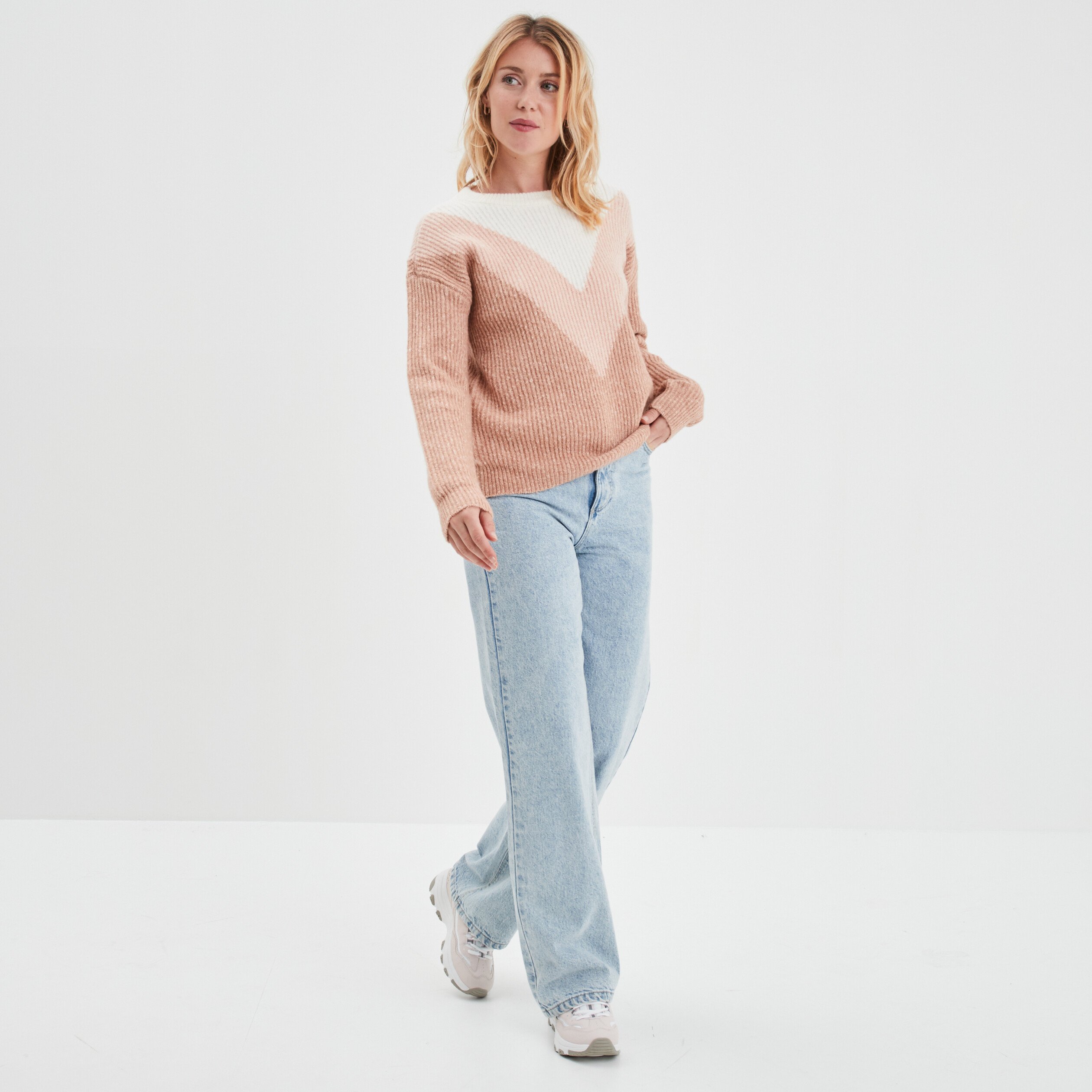 Pull manches longues col rond rose clair femme