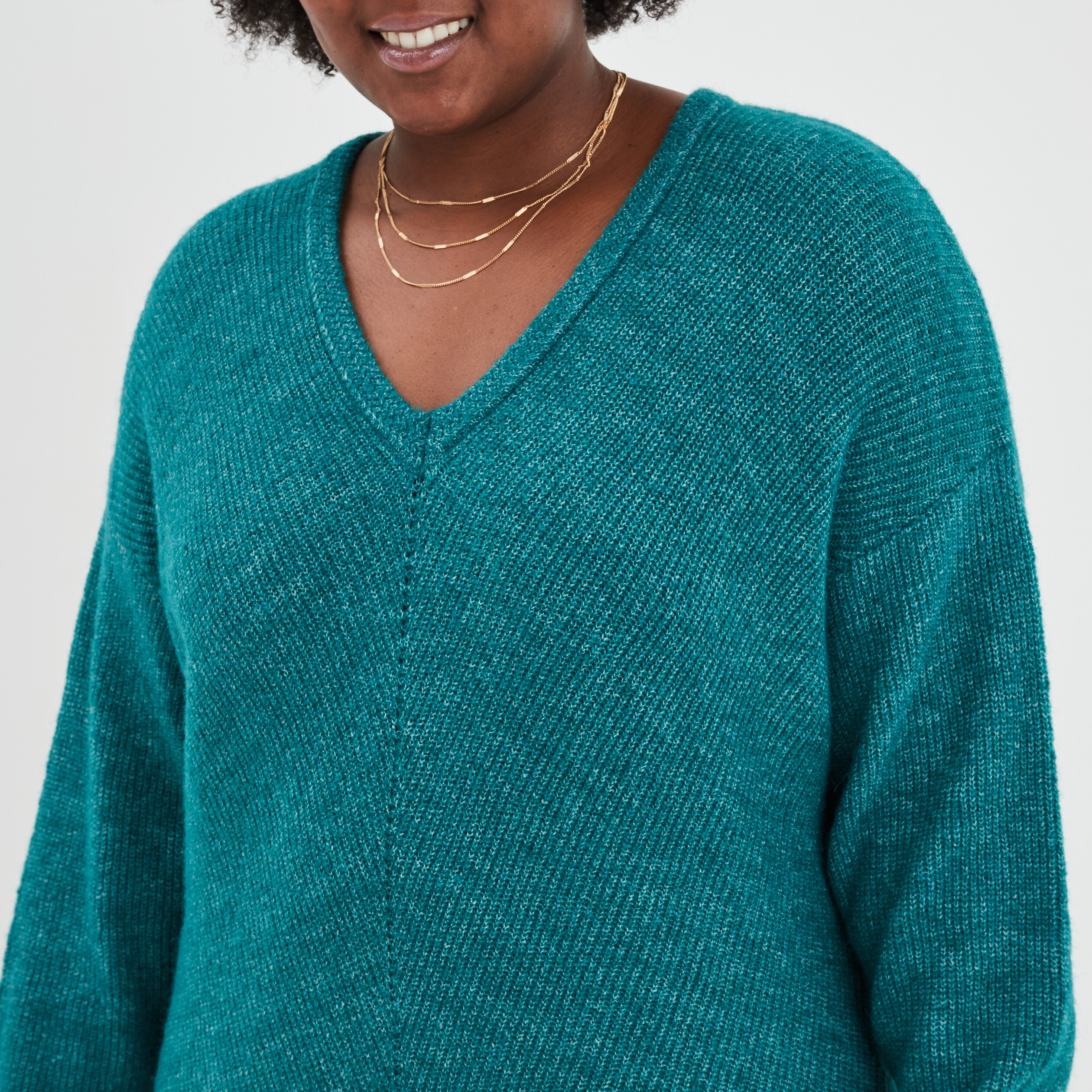 Pull manches chauves-souris col en V bleu canard femme grande taille