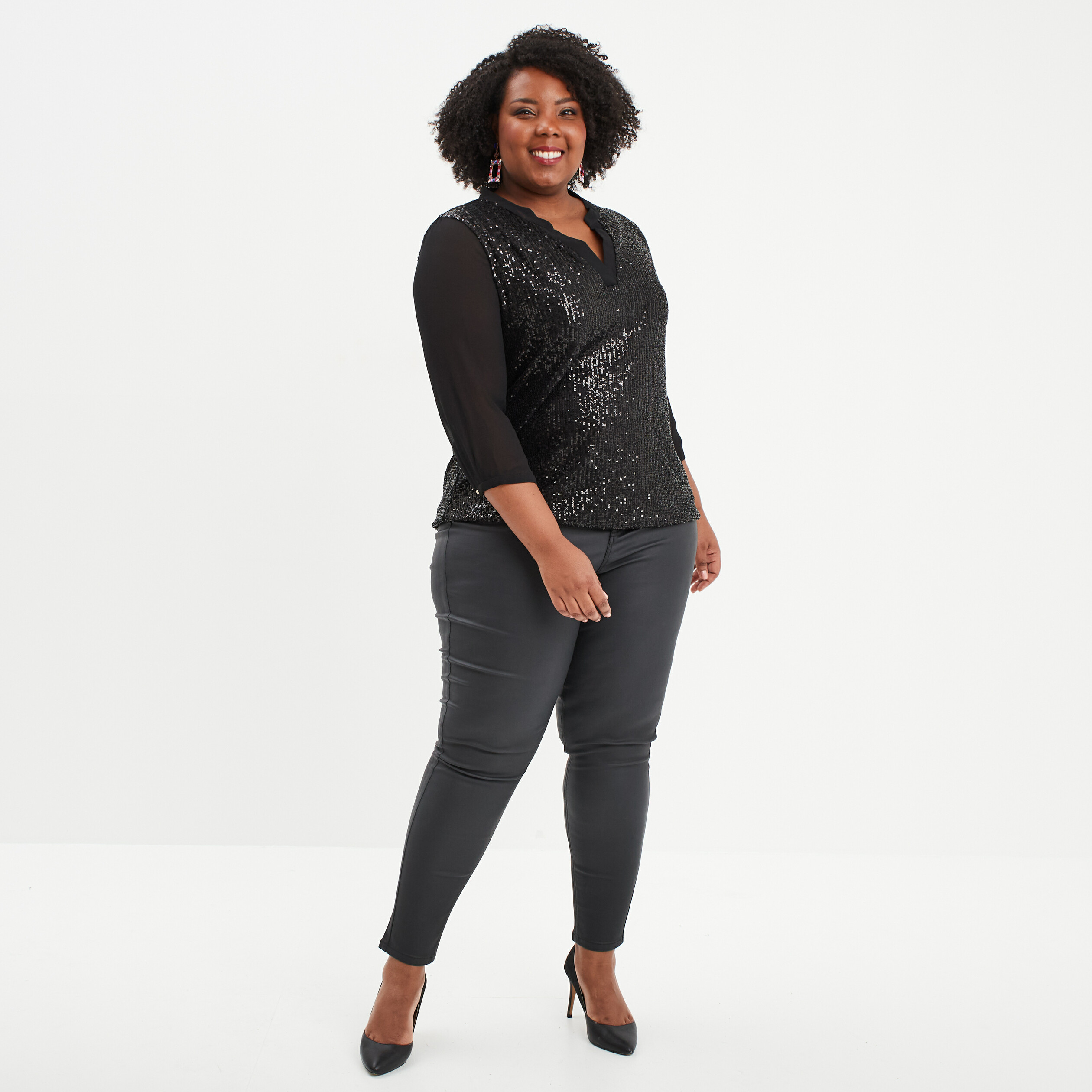 Blouse sequins manches 3/4 transparentes noir femme grande taille