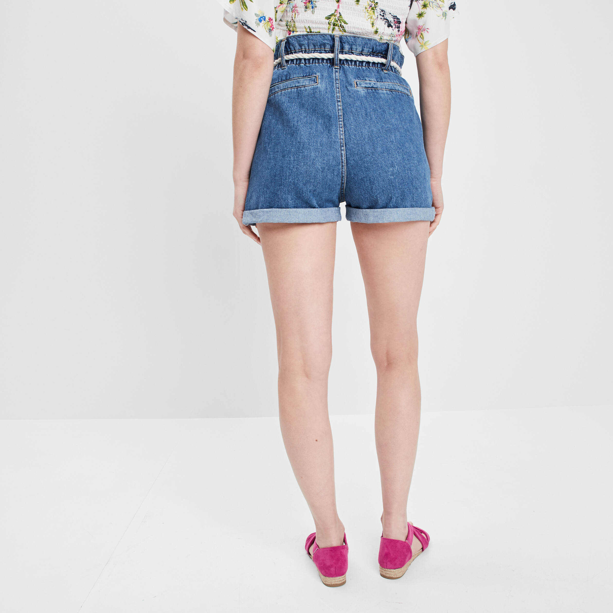 Short paperbag en jean denim stone femme