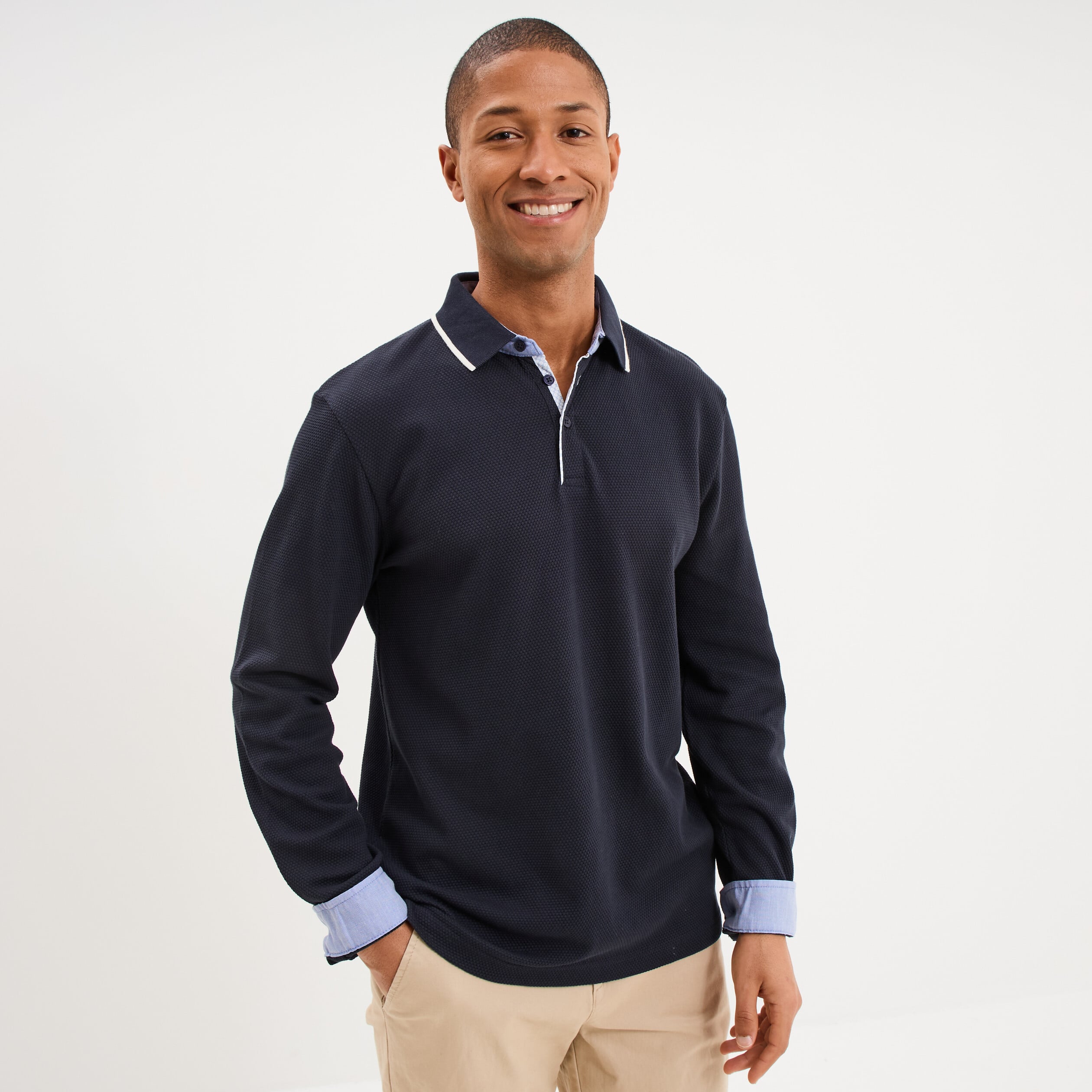 Polo piqu&eacute; droit manches longues coton bleu fonc&eacute; homme