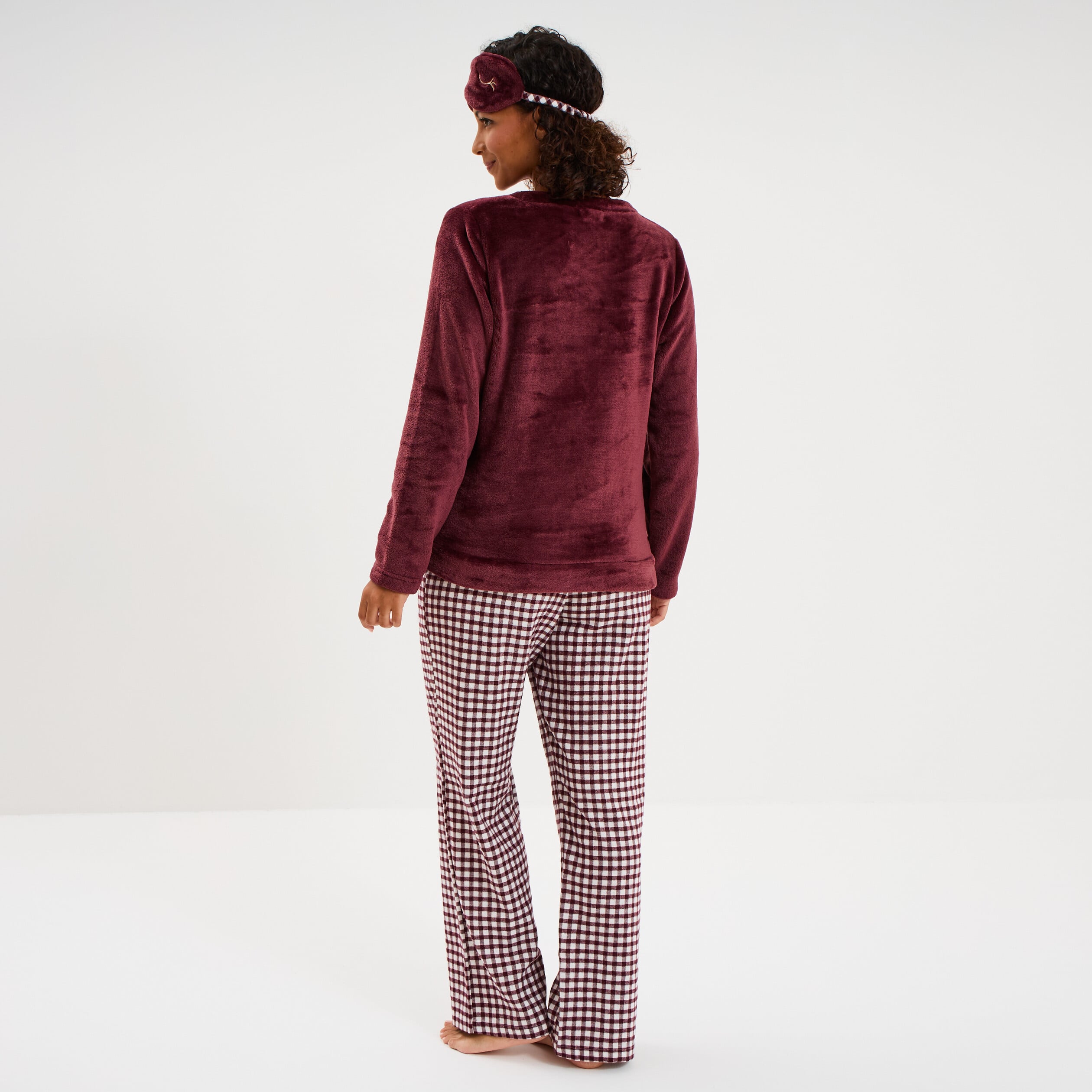 Ensemble pyjama effet polaire 3 pi&egrave;ces bordeaux femme