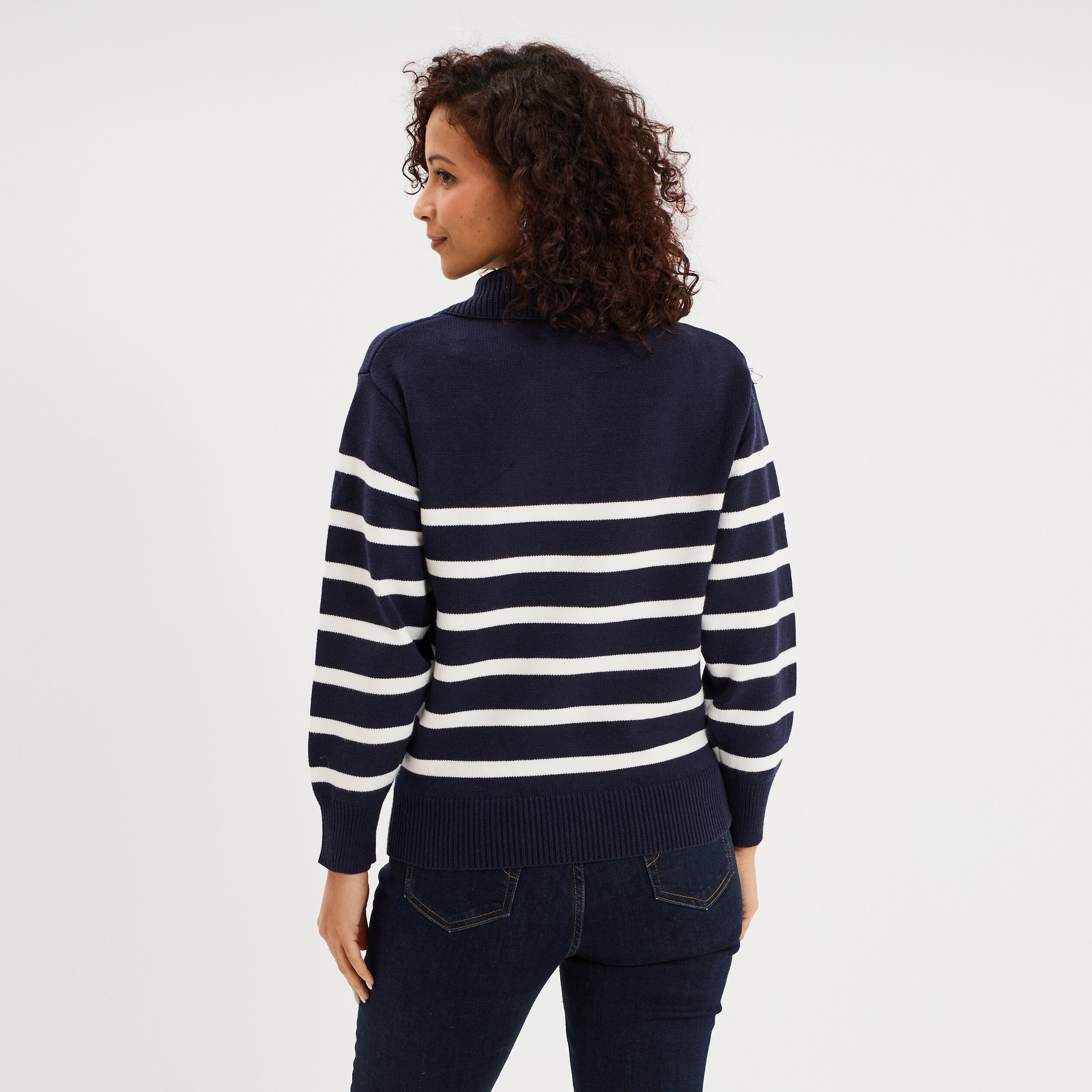 Pull col camionneur zipp&eacute; bleu marine femme