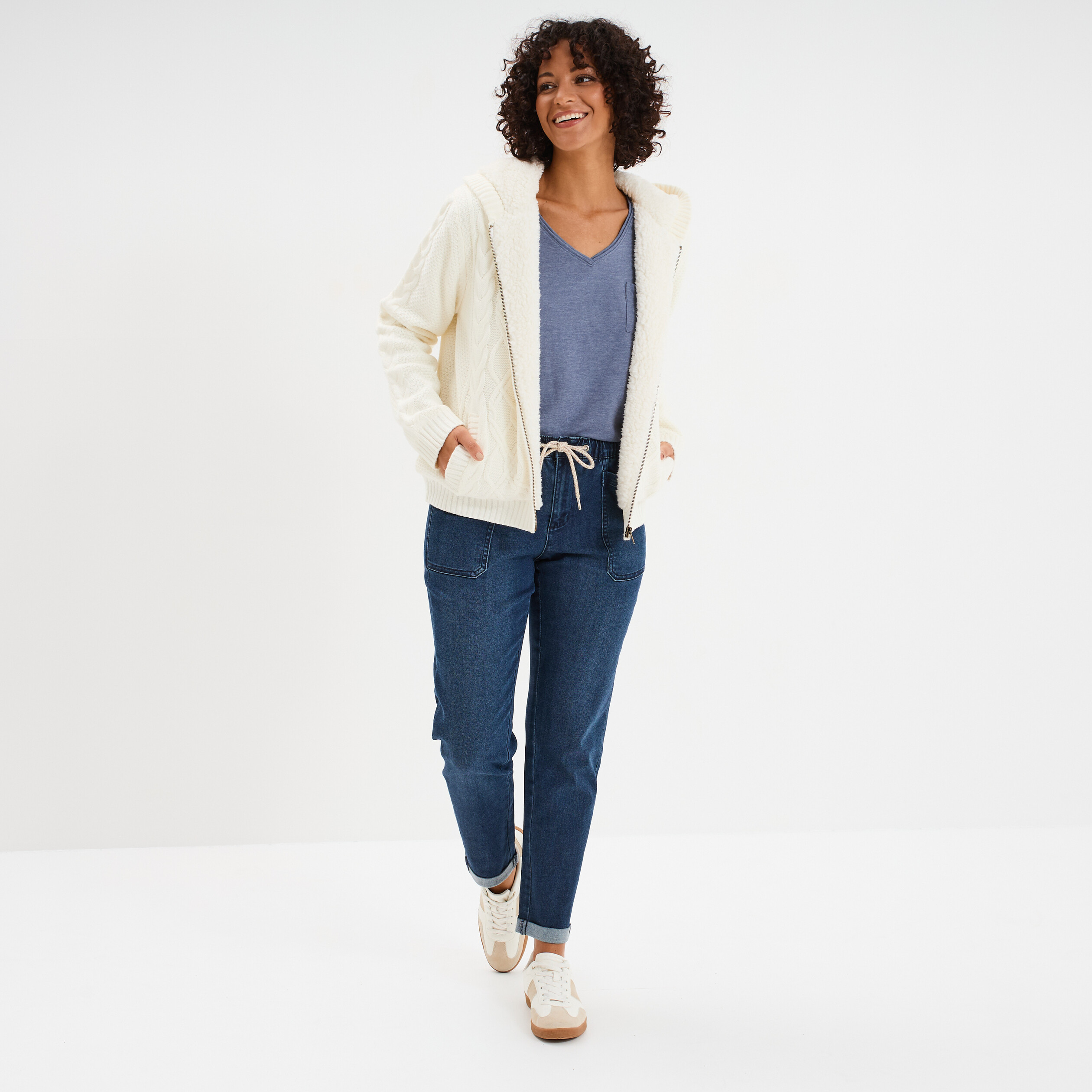 Sweat zipp&eacute; doublure effet sherpa ecru femme