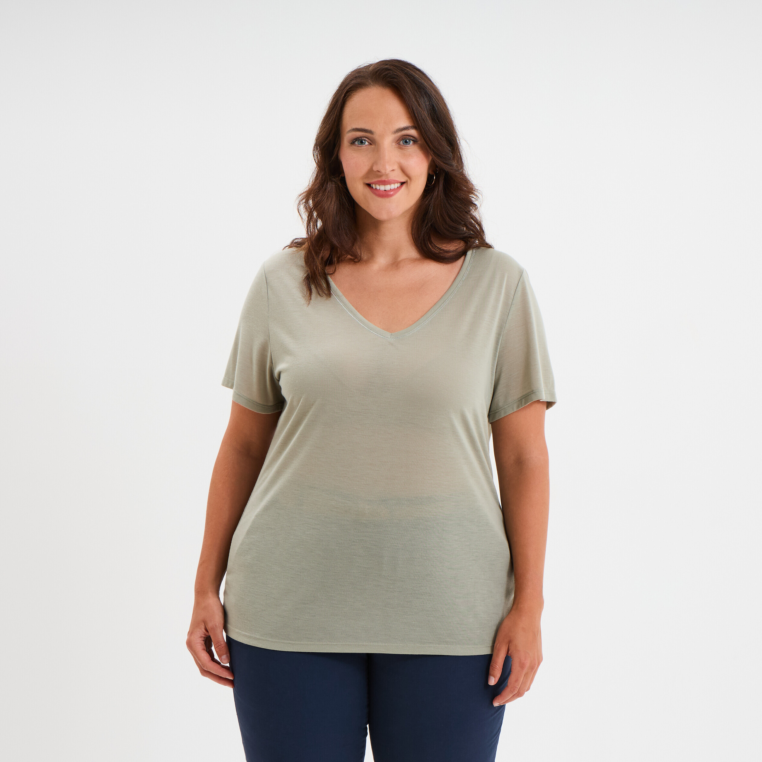 T-shirt manches courtes col V vert kaki femme grande taille