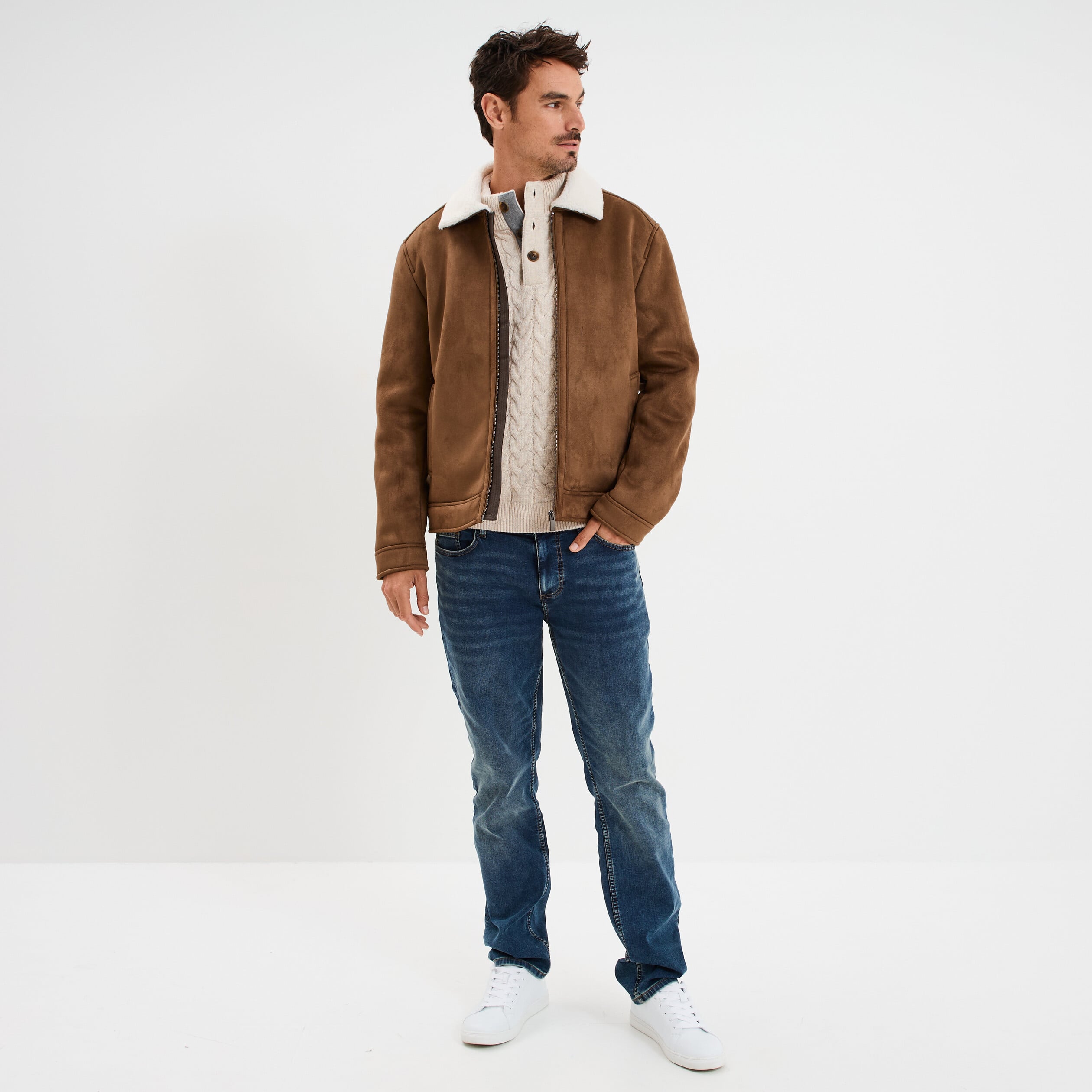 Veste bomber effet su&eacute;dine col aviateur marron homme