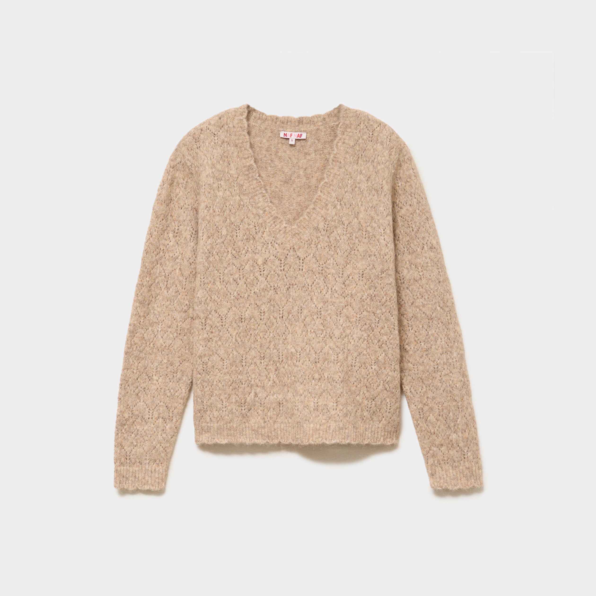 Pull col V ajour&eacute; manches longues beige femme