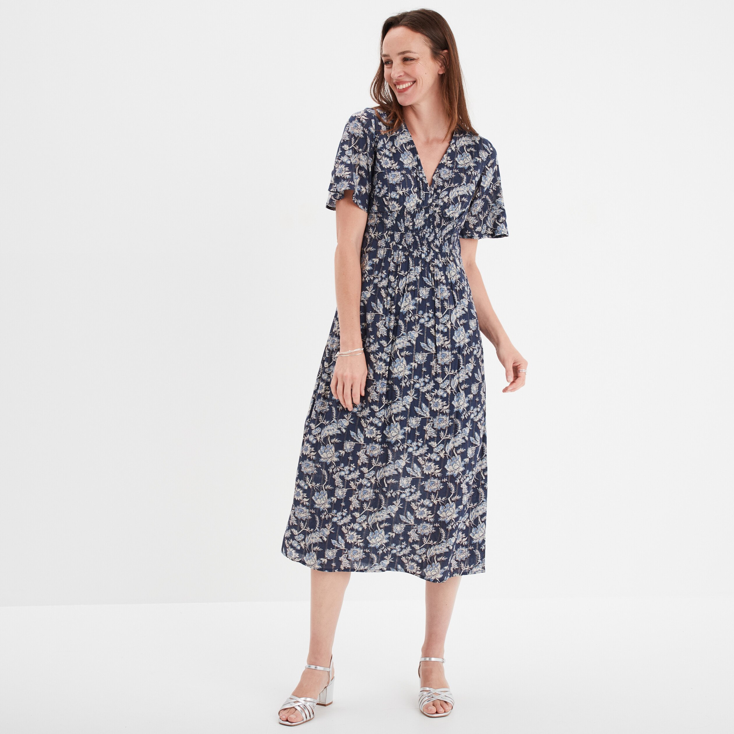 Robe longue empire taille smockee Creeks bleu marine femme